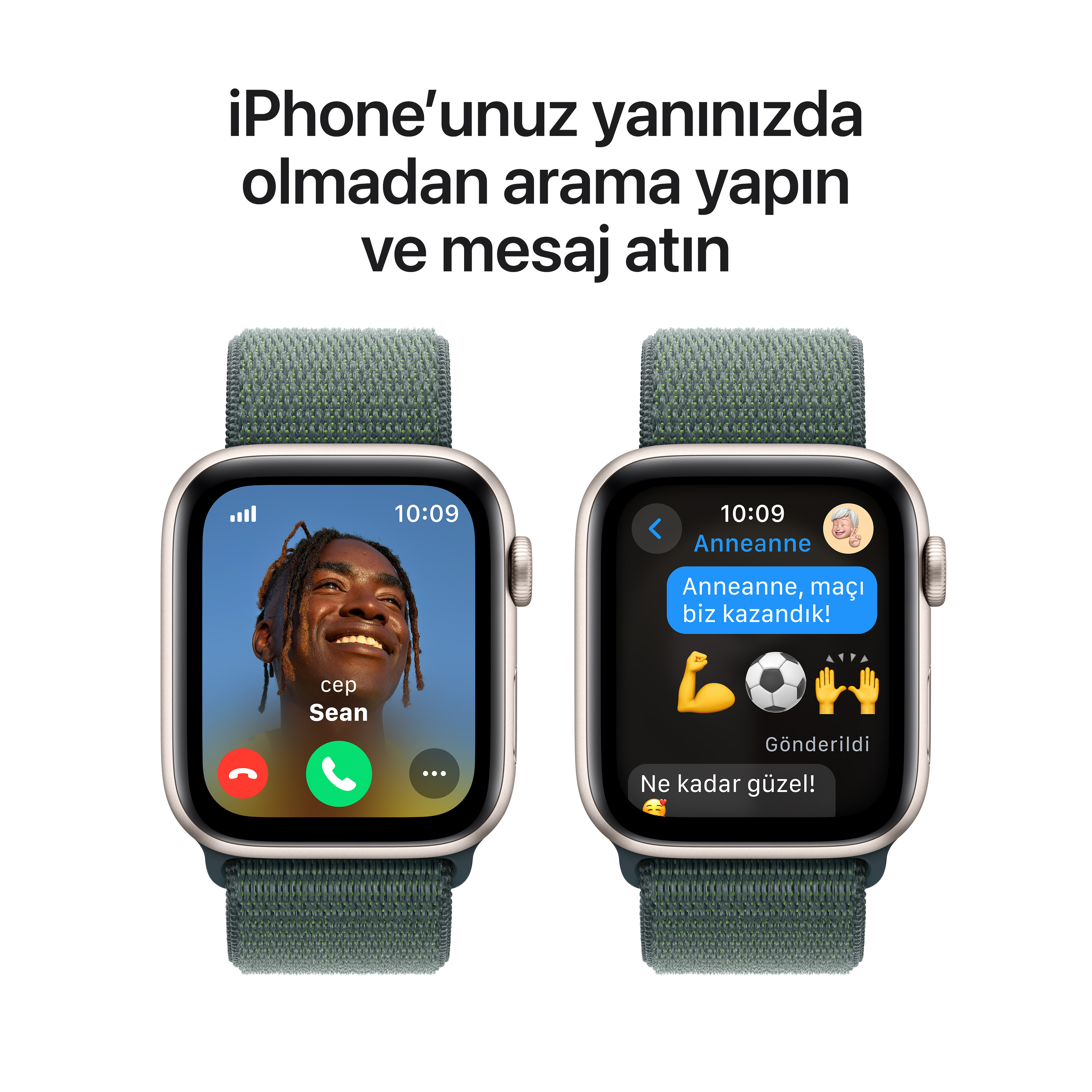 Yeşil kayışlı iki akıllı saat, biri gülen bir adamla telefon görüşmesi, diğeri bir mesaj gösteriyor.