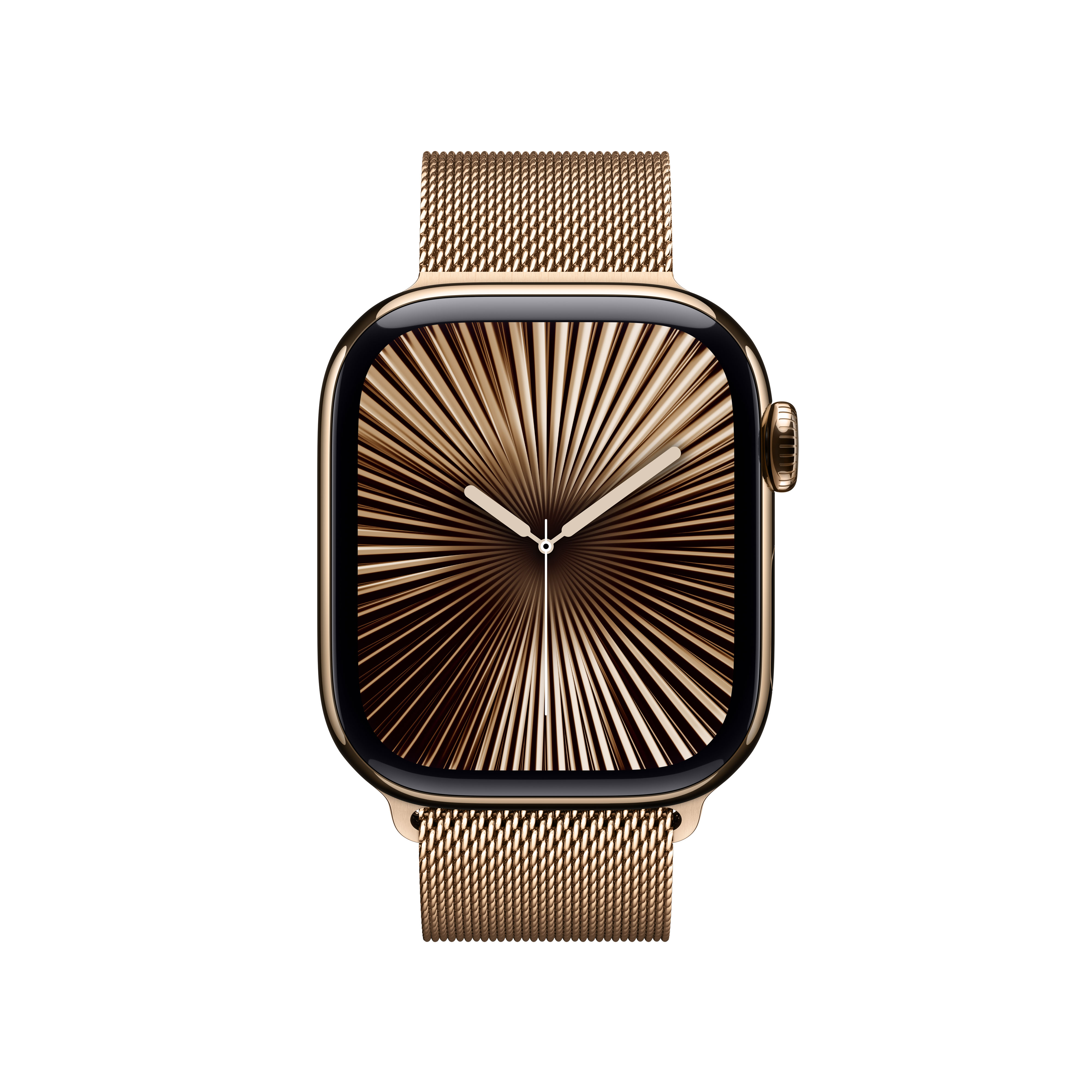 Smartwatch dorada con correa metálica, mostrando una esfera con diseño.