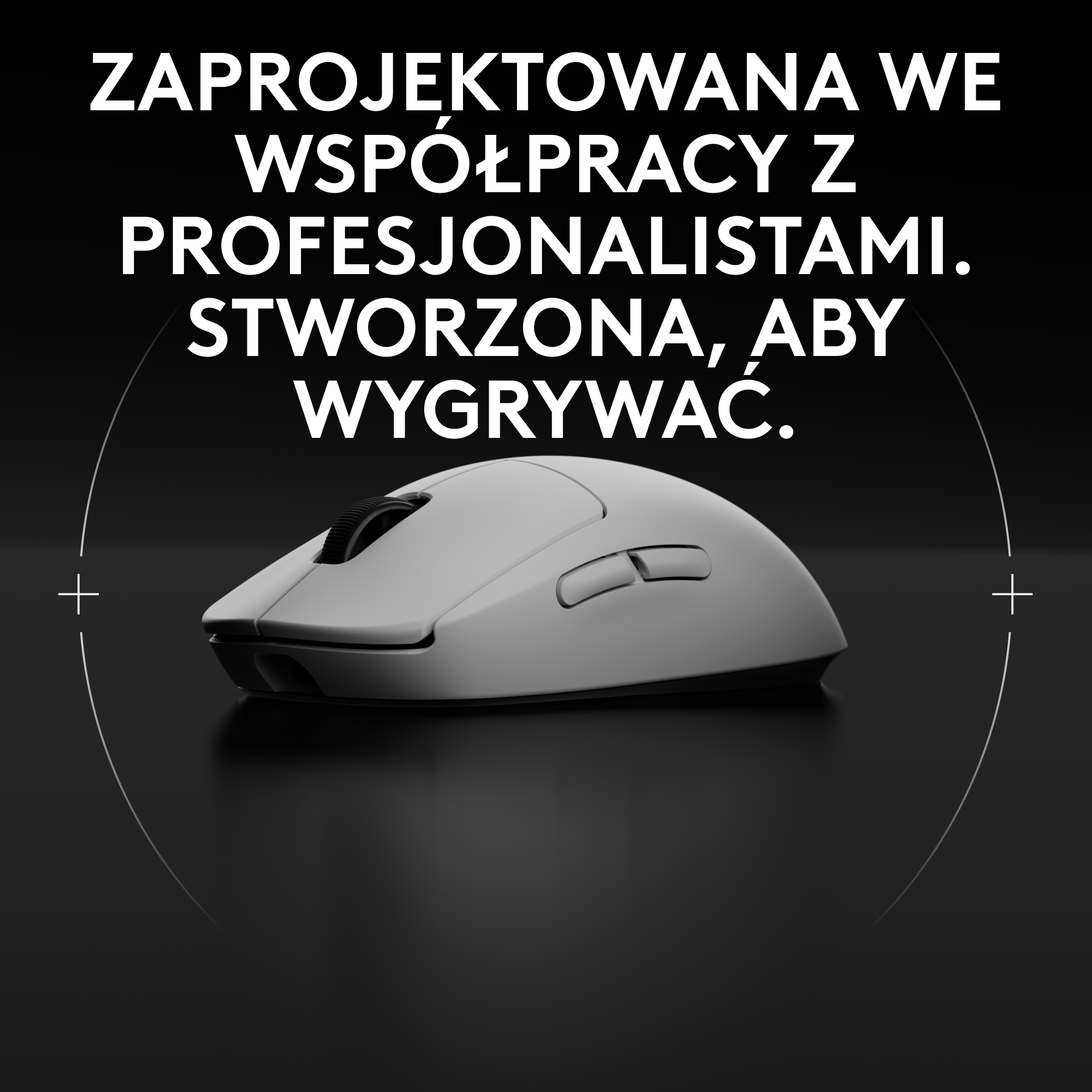 Szara mysz do gier na czarnym tle. Biały tekst mówi, że została zaprojektowana z profesjonalistami.