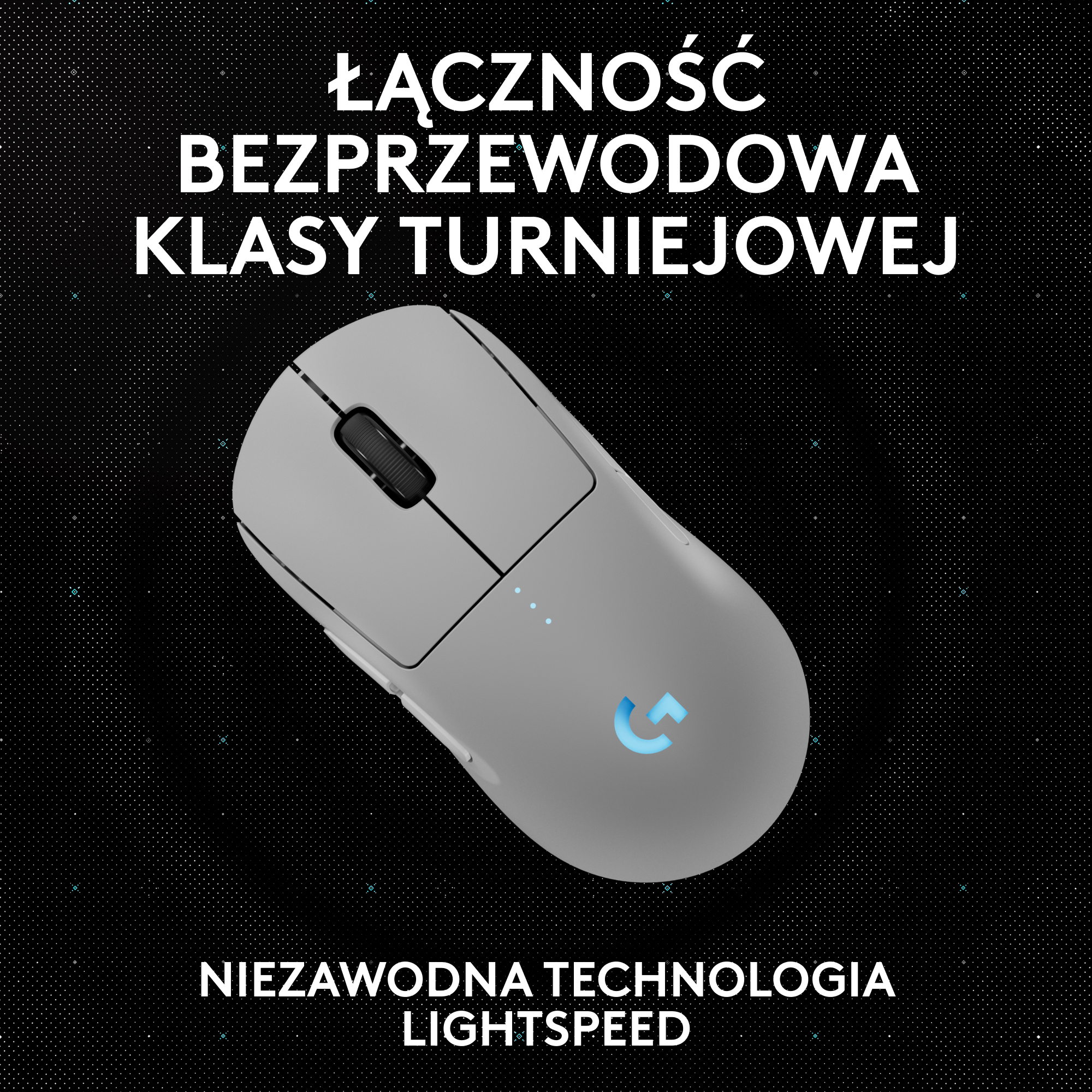 Szara mysz z czarnym kółkiem przewijania. Tekst: Bezprzewodowa łączność klasy turniejowej, niezawodny LIGHTSPEED.