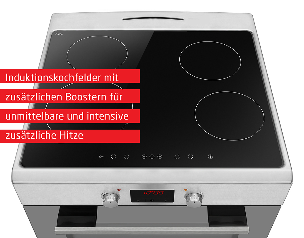 Induktionskochfeld mit mehreren Heizelementen, mit roter Textüberlagerung.
