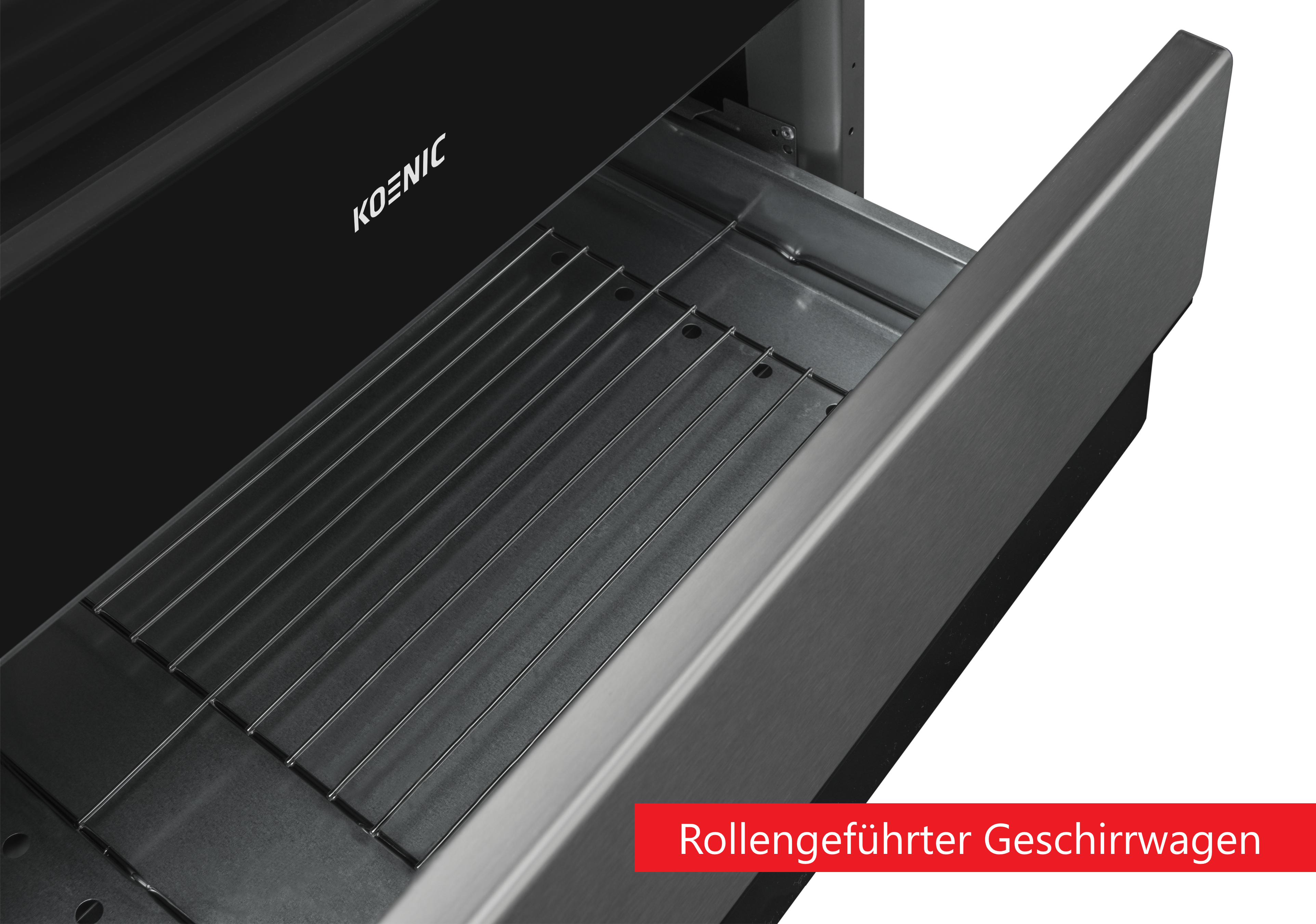 Nahaufnahme einer Schublade in einem schwarzen Ofen mit Metallrost.