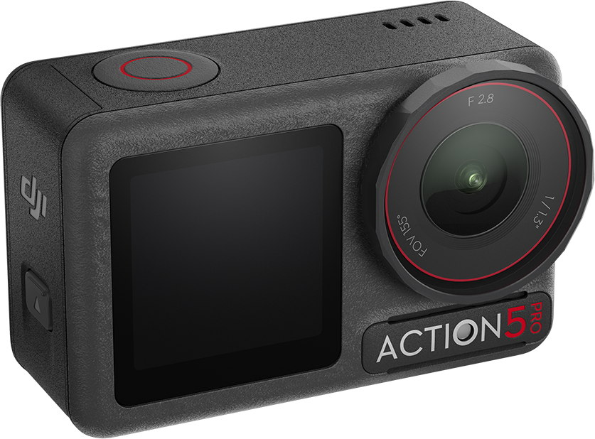Egy fekete akciókamera képernyővel és objektívvel. A kamerán a felirat: 'ACTION 5S PRO'.