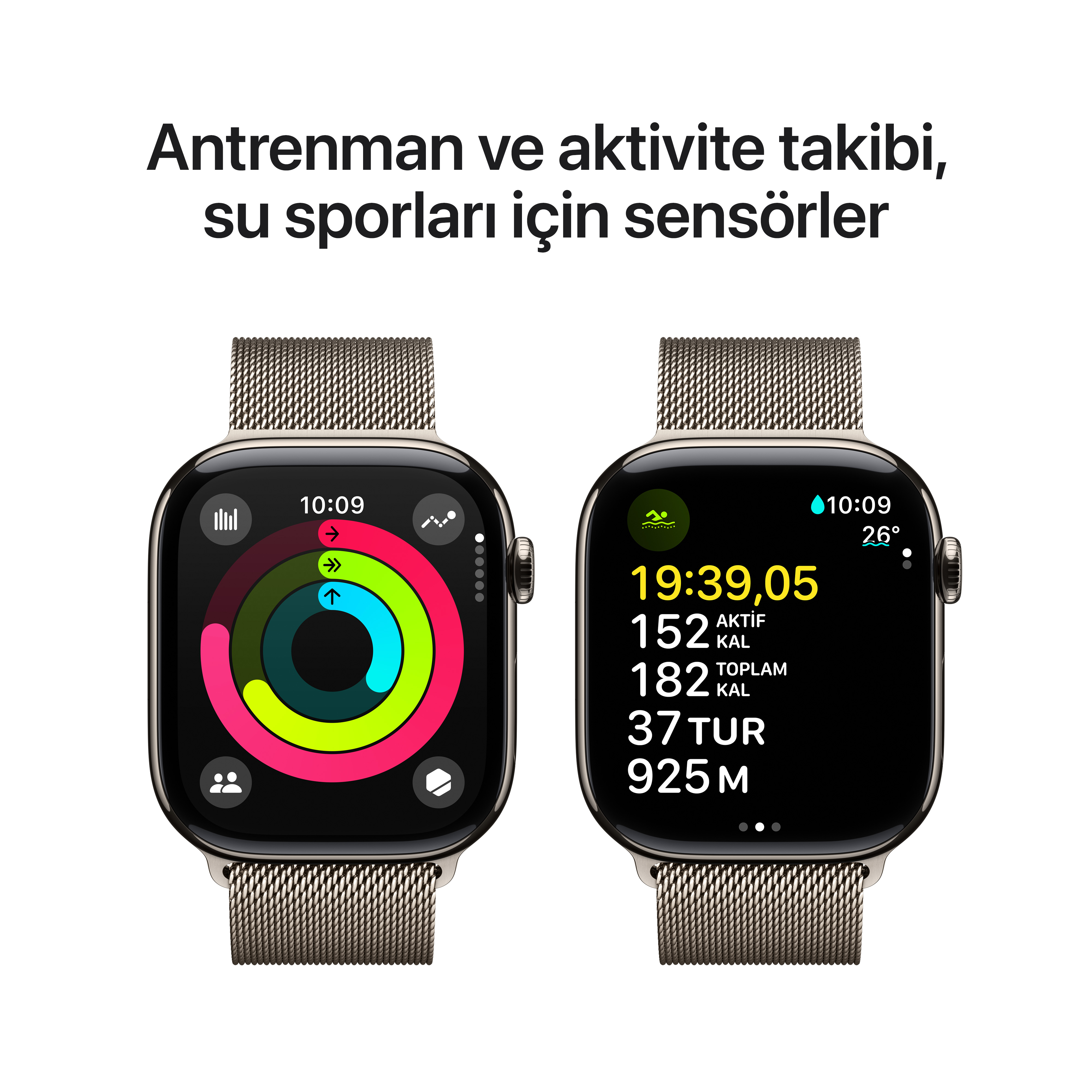 Beyaz bir arka plan üzerinde aktivite ve egzersiz verilerini gösteren iki altın akıllı saat.