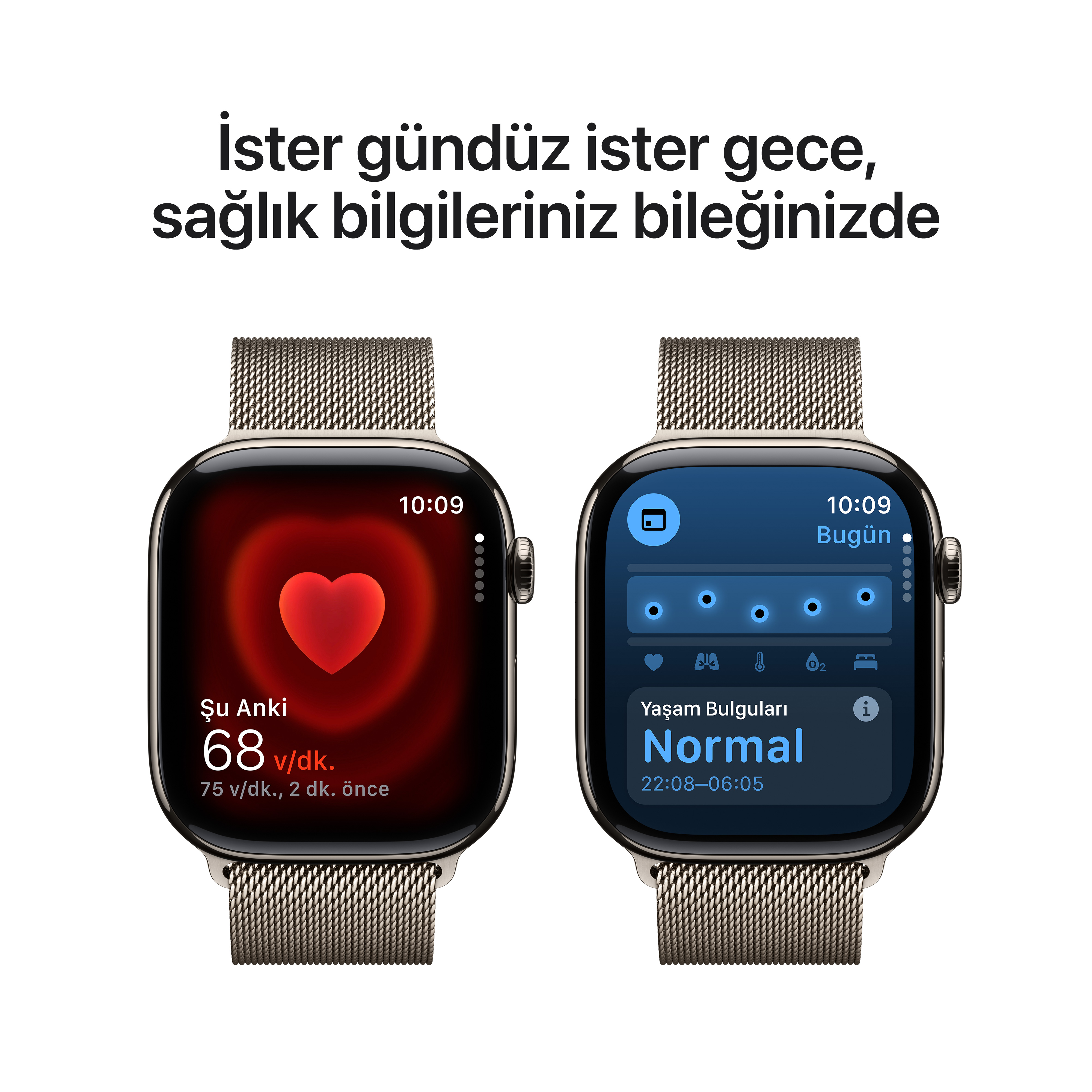 Sağlık verileri, kalp atış hızı ve aktivite istatistikleri gösteren iki akıllı saat.