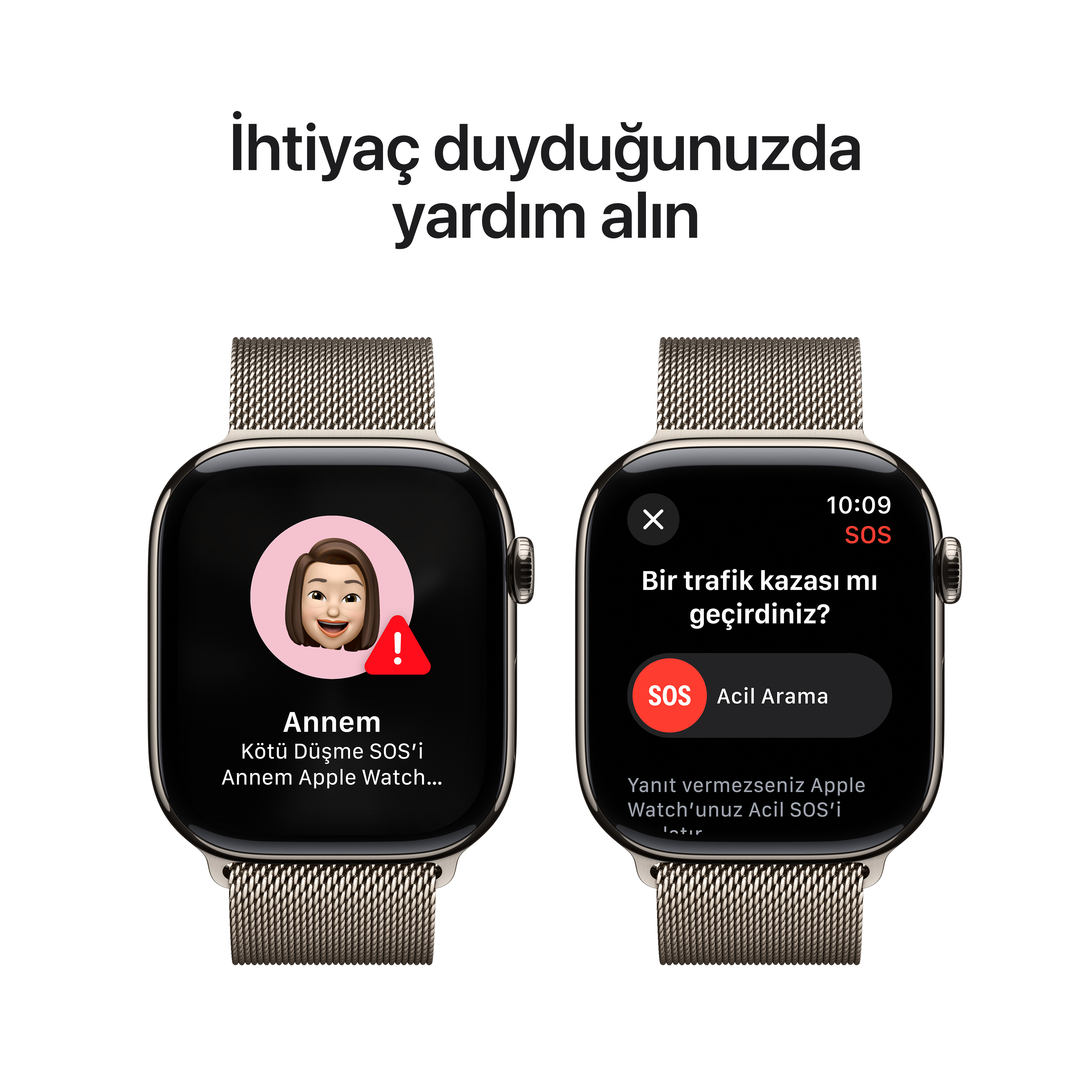 İki akıllı saat SOS acil durum aramalarını gösteriyor. Biri 'Annem'den gelen bir arama, diğeri bir trafik kazası.