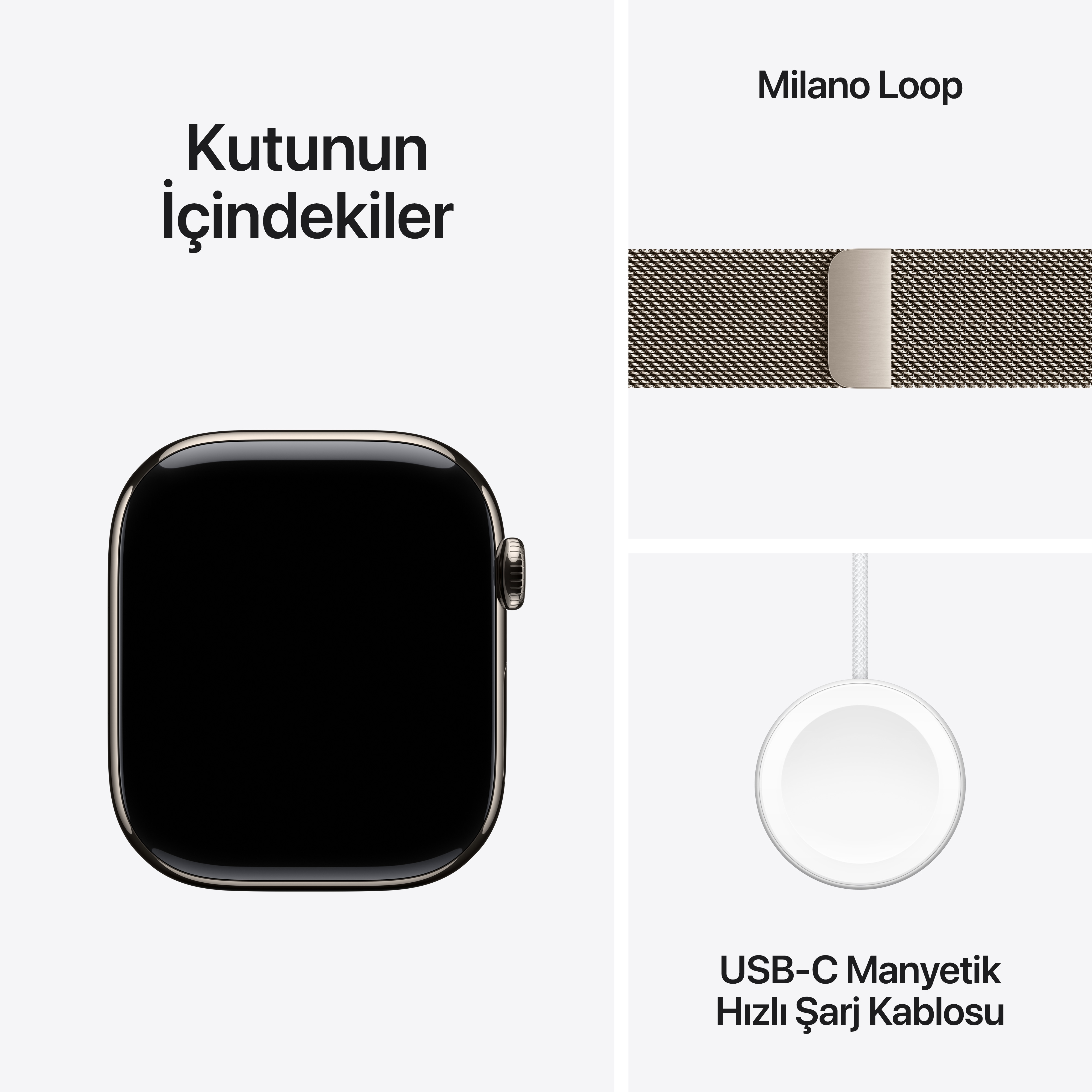 Beyaz arka plan üzerinde bir Apple Watch, kayış ve şarj kablosu.