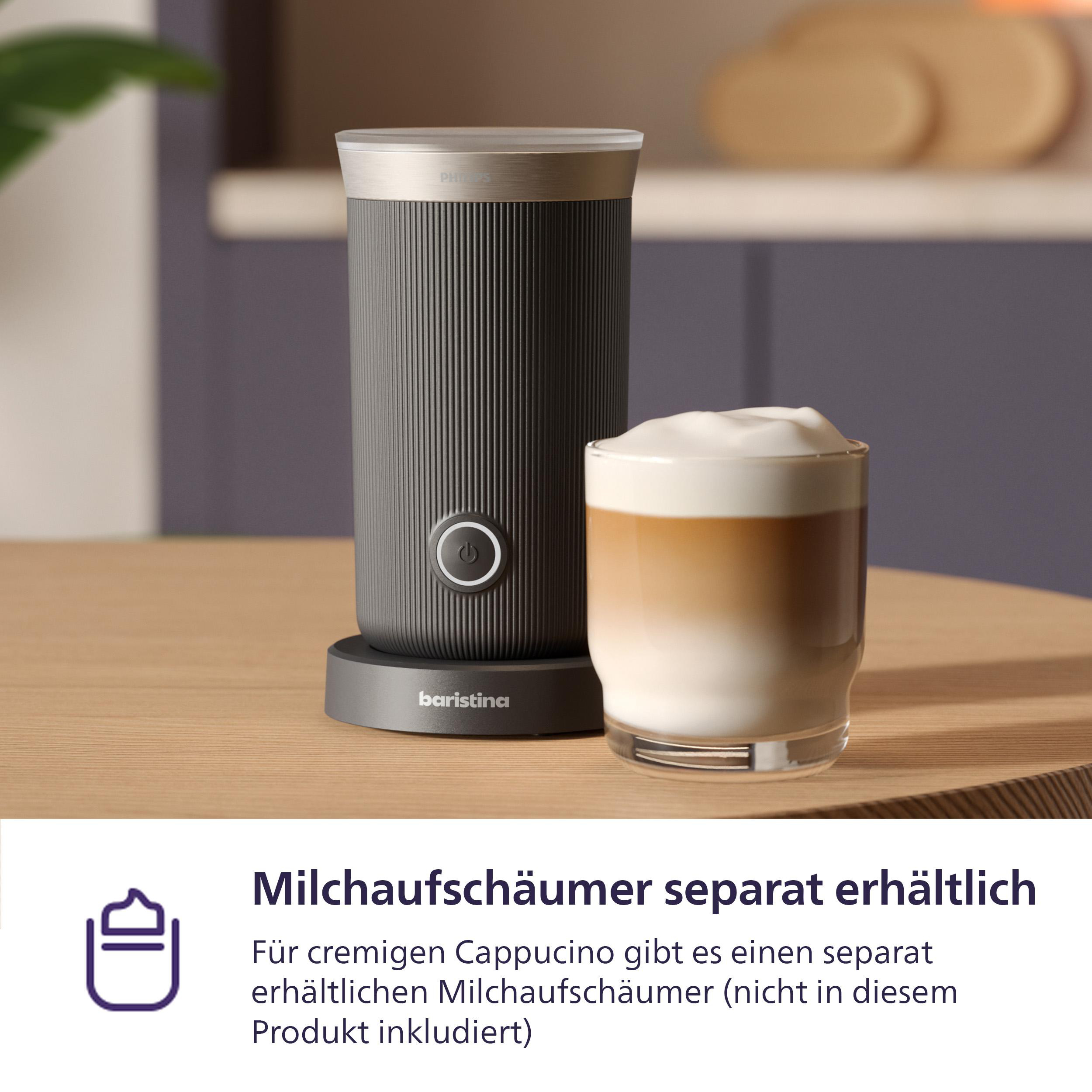 Dunkelgrauer Milchaufschäumer mit einem Glas geschichtetem Cappuccino und Text darunter.