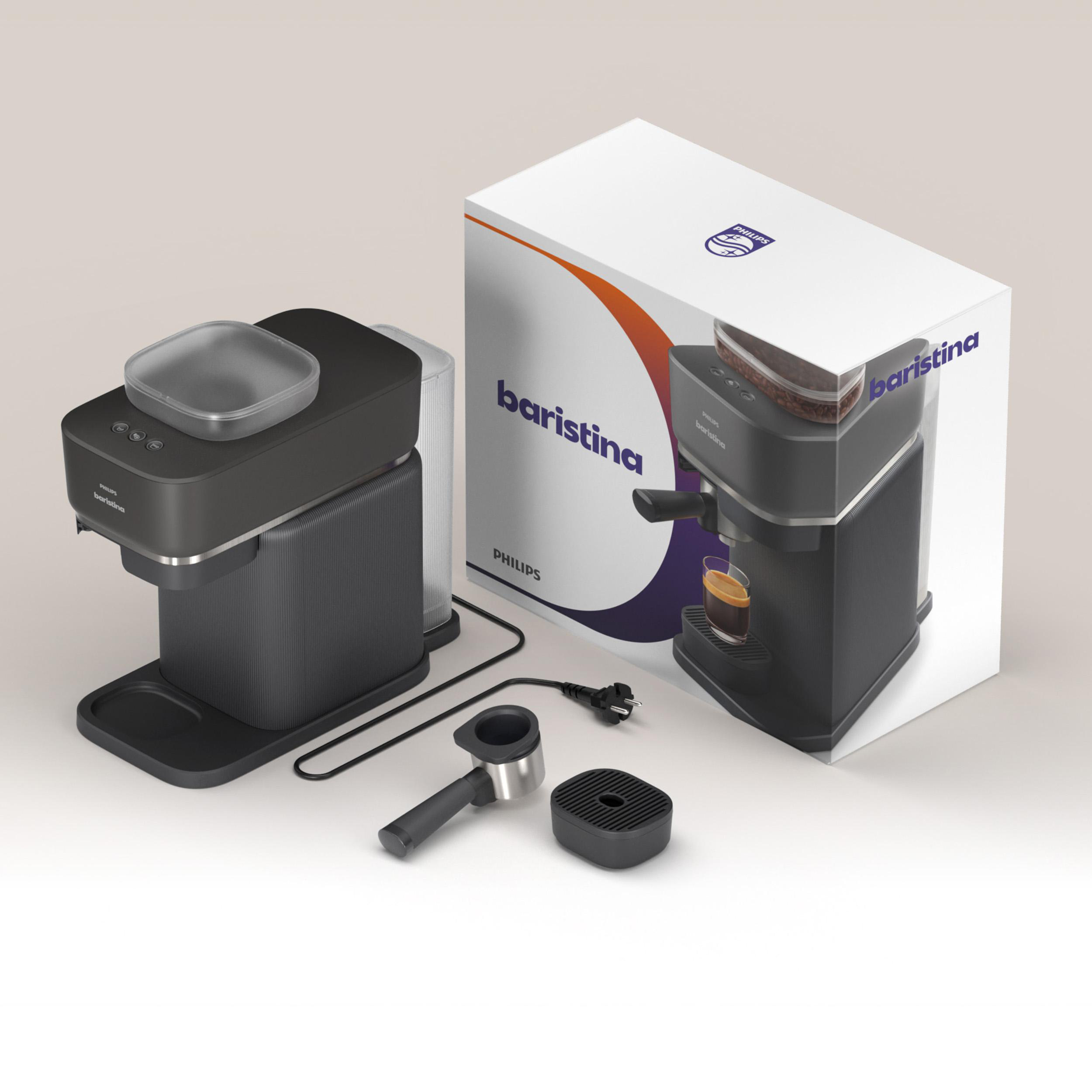 Schwarz-graue Baristina Kaffeemaschine mit Box und Zubehör. Weißer Hintergrund.