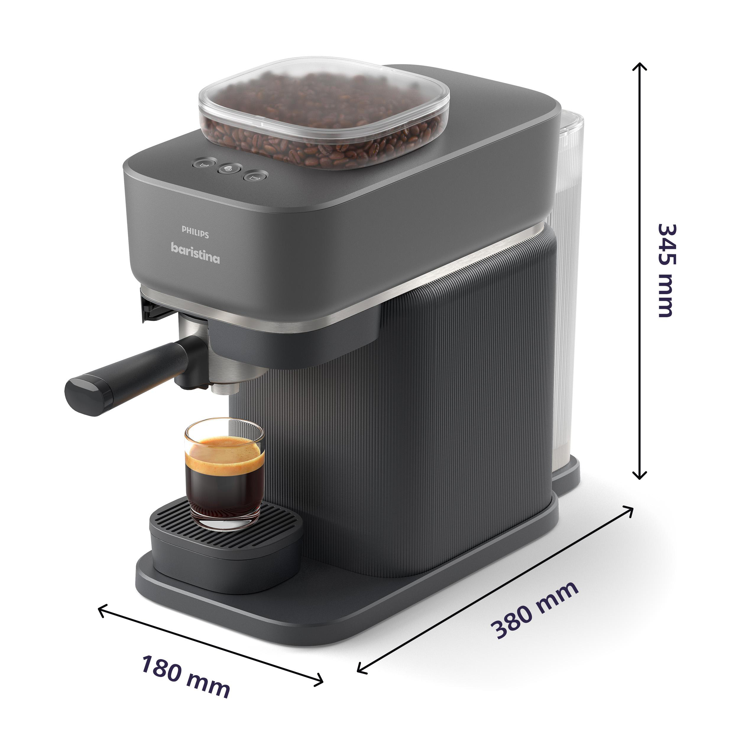 Dunkelgraue Espressomaschine mit Kaffeebohnenbehälter, Abmessungen und ein Glas Kaffee.