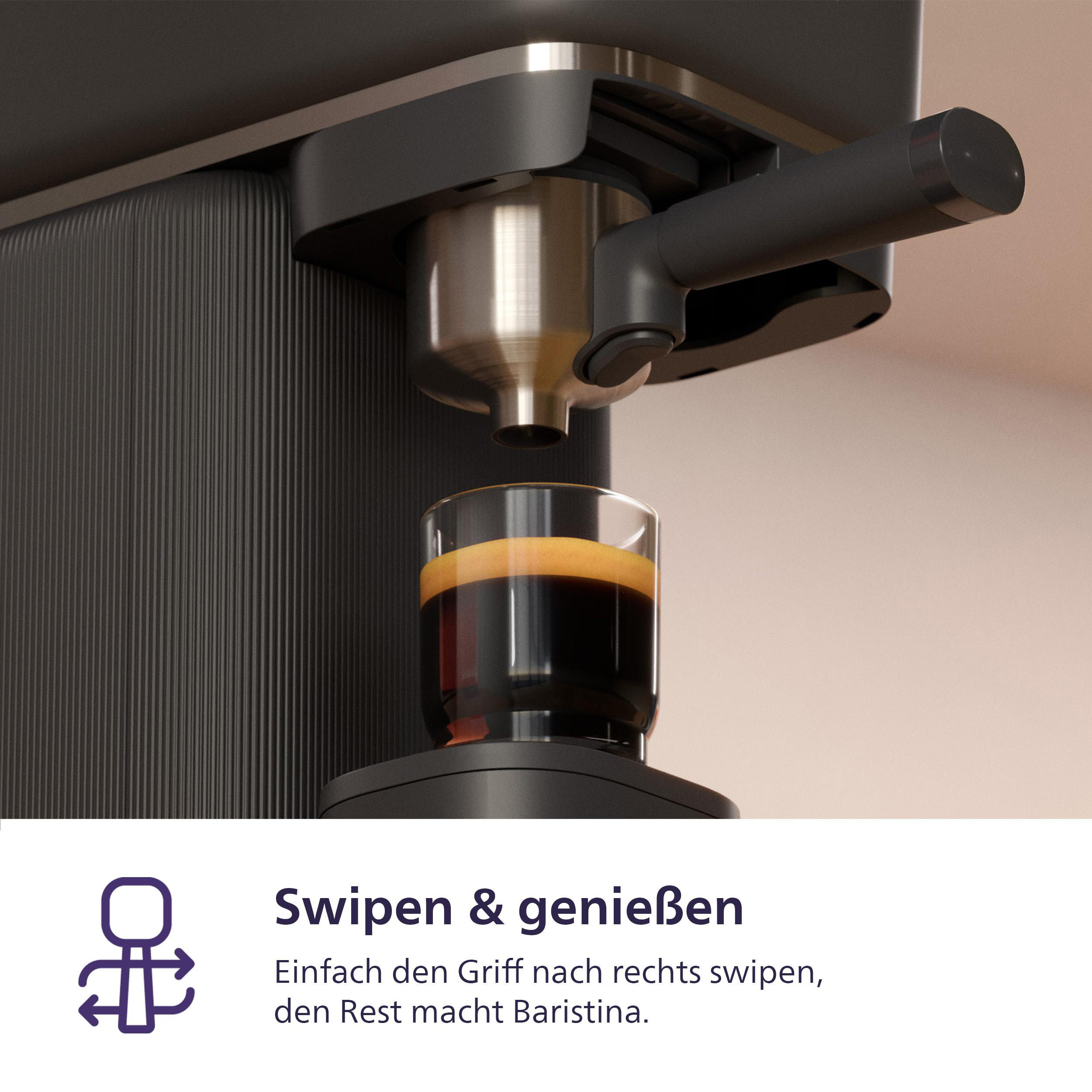 Schwarze Kaffeemaschine mit einem Glas Kaffee. Der Text lautet Wischen & Genießen. Anweisungen.