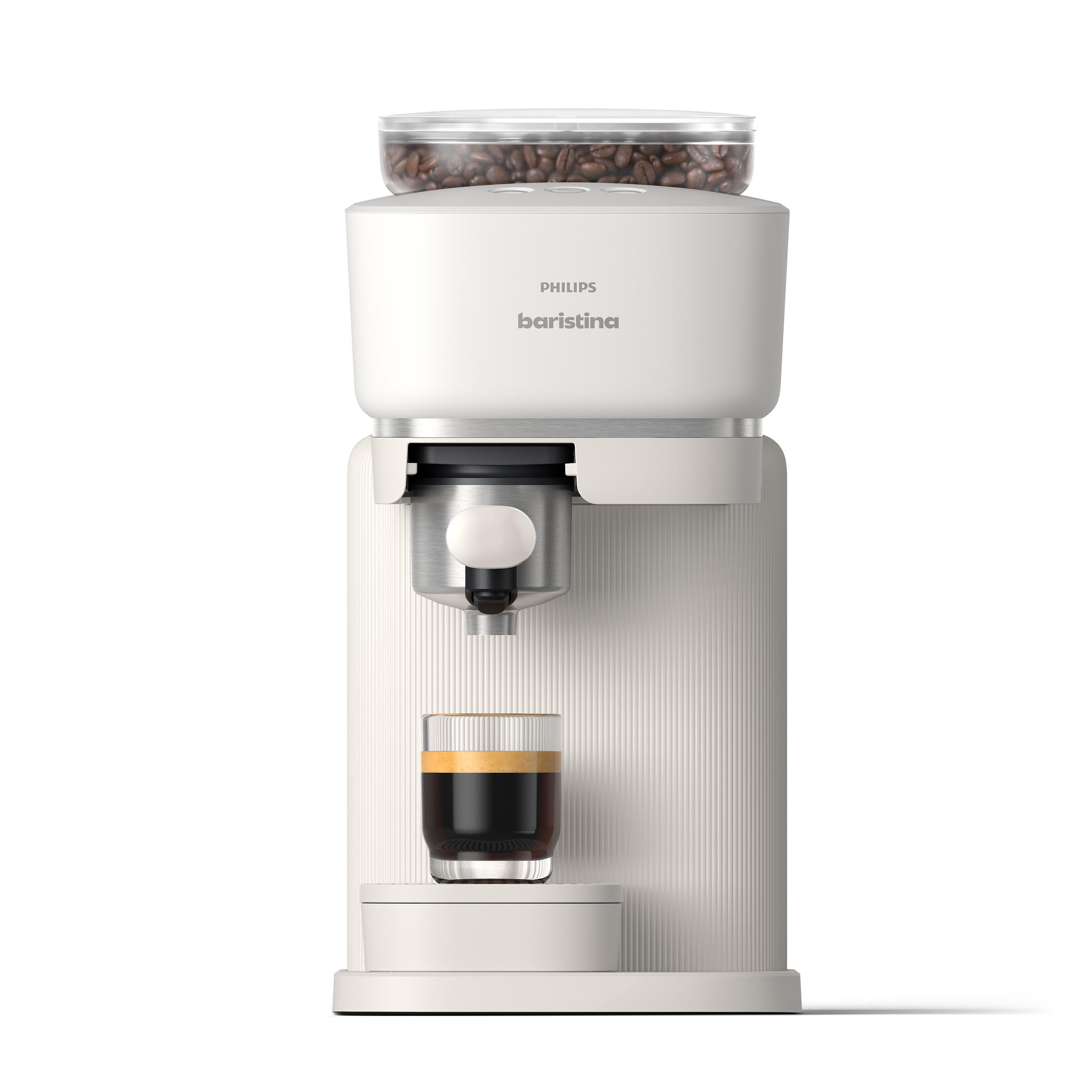 Weiß-cremefarbene Philips Baristina Kaffeemaschine mit Bohnenbehälter und Kaffeeglas.