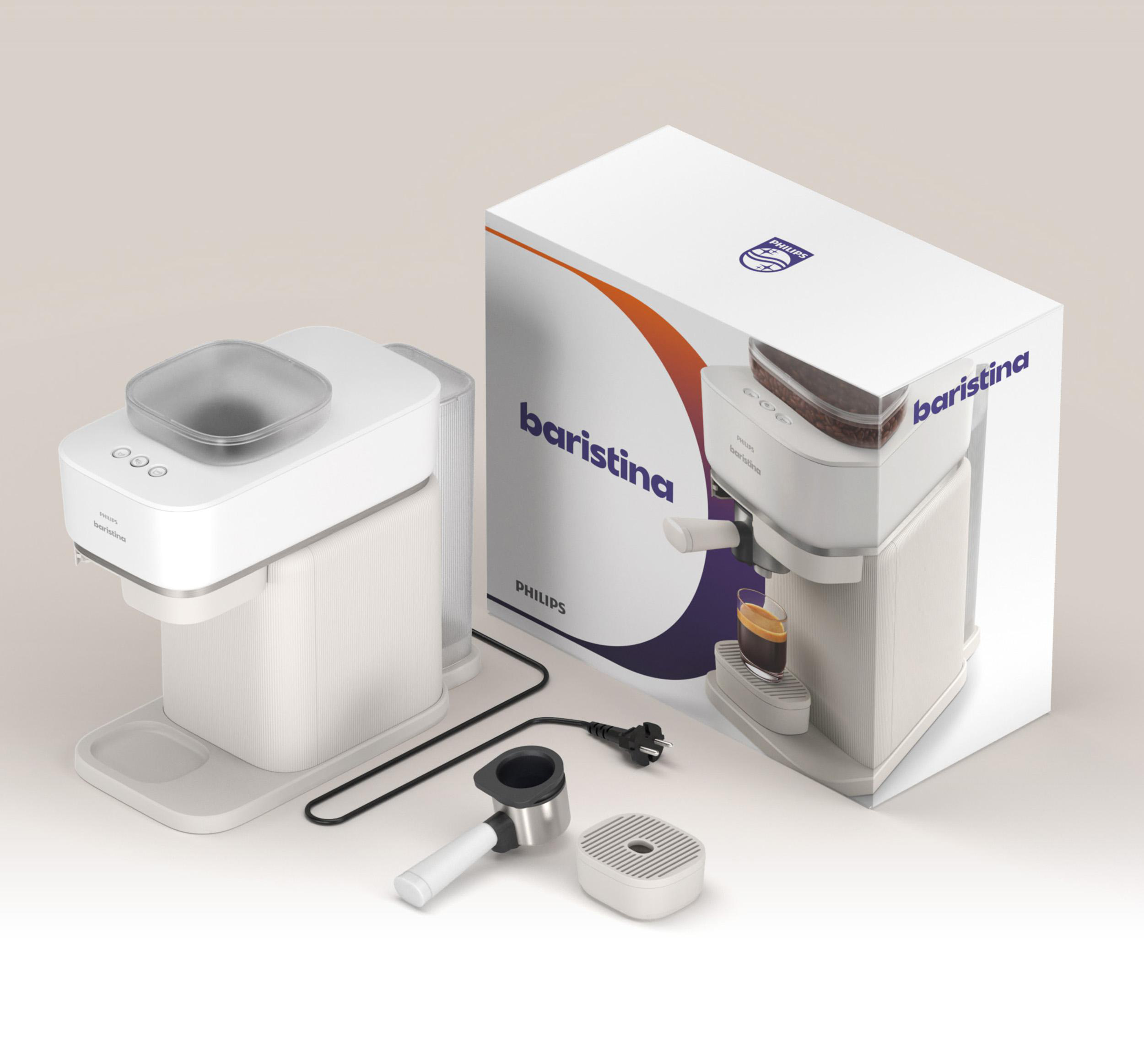 Eine weiße Espressomaschine mit Zubehör, zusammen mit der Verpackung.