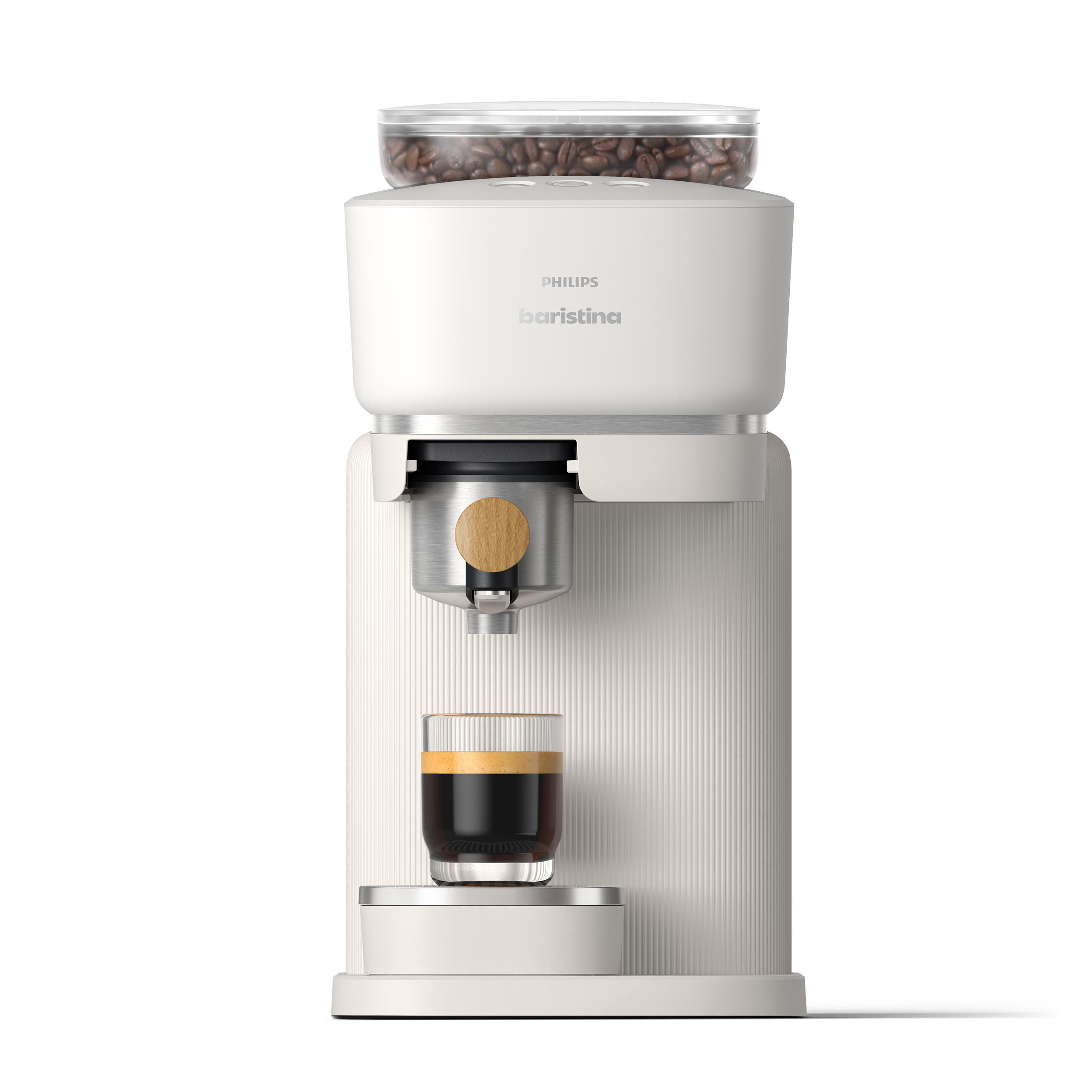 Weiße Kaffeemaschine mit Kaffeeglas. Bohnen oben. Text sagt Baristina.