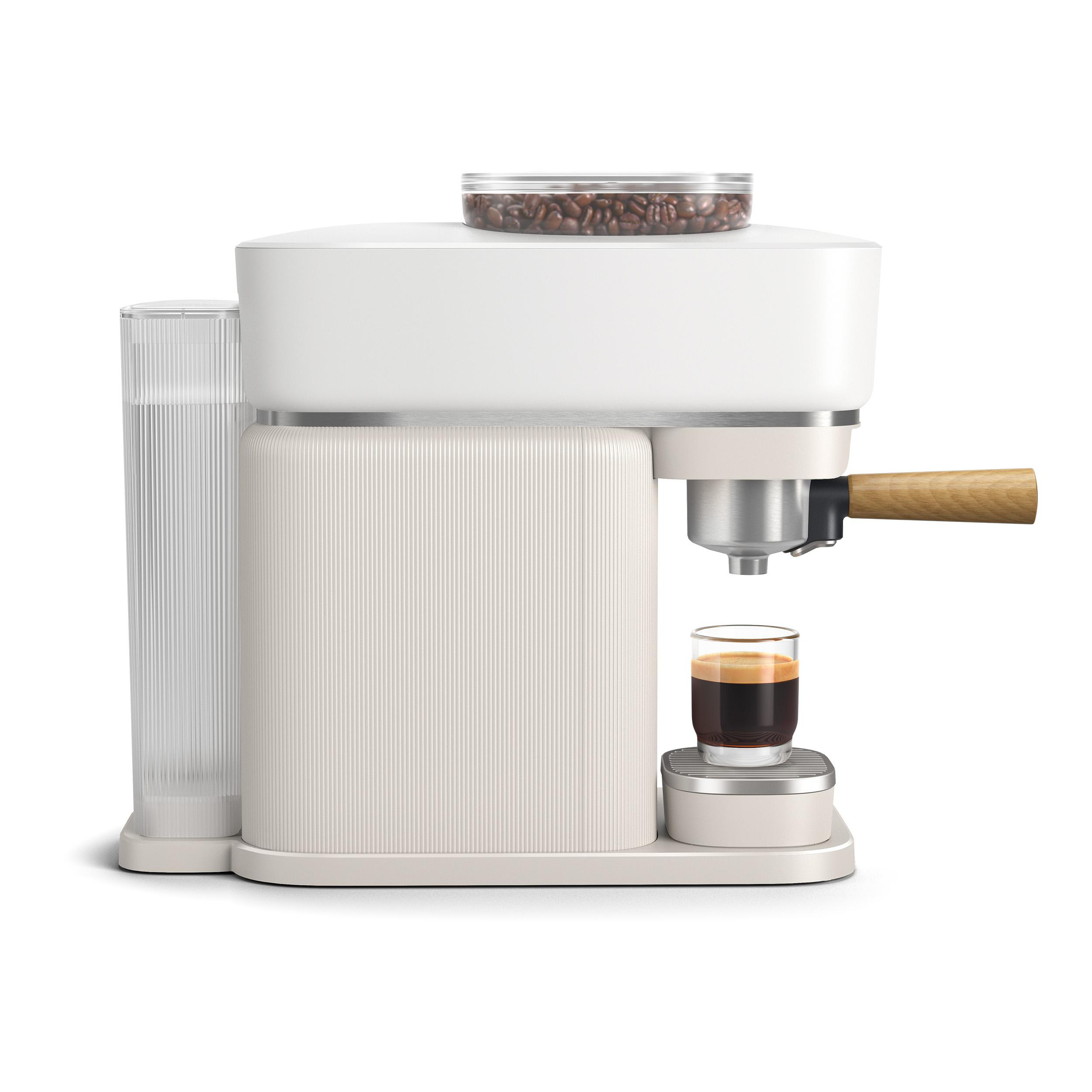 Eine weiße Espressomaschine mit Holzgriff und einem Glas Espresso vorne.