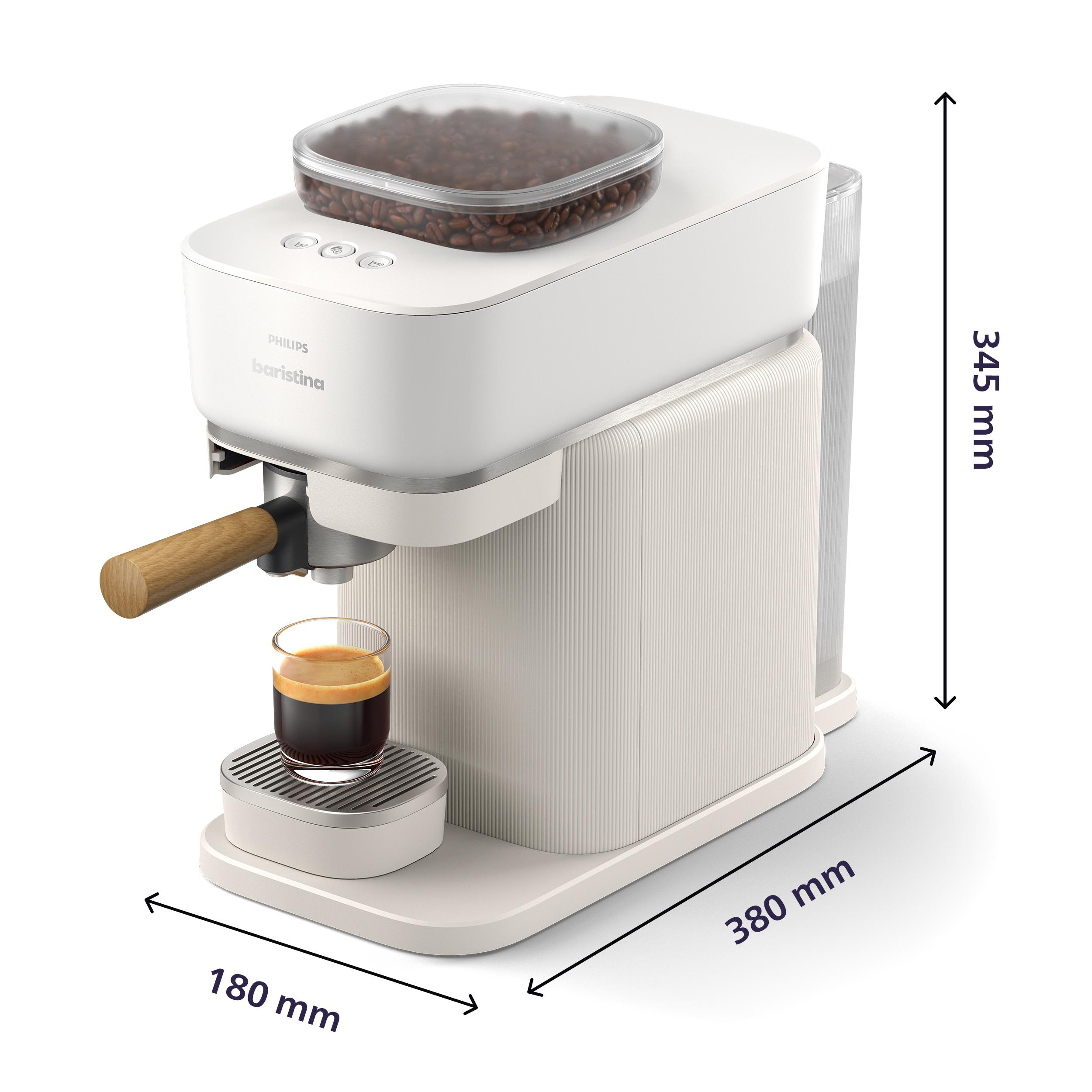 Weiße Kaffeemaschine mit einem Glas Espresso und Bohnenbehälter. Messungen werden angezeigt.