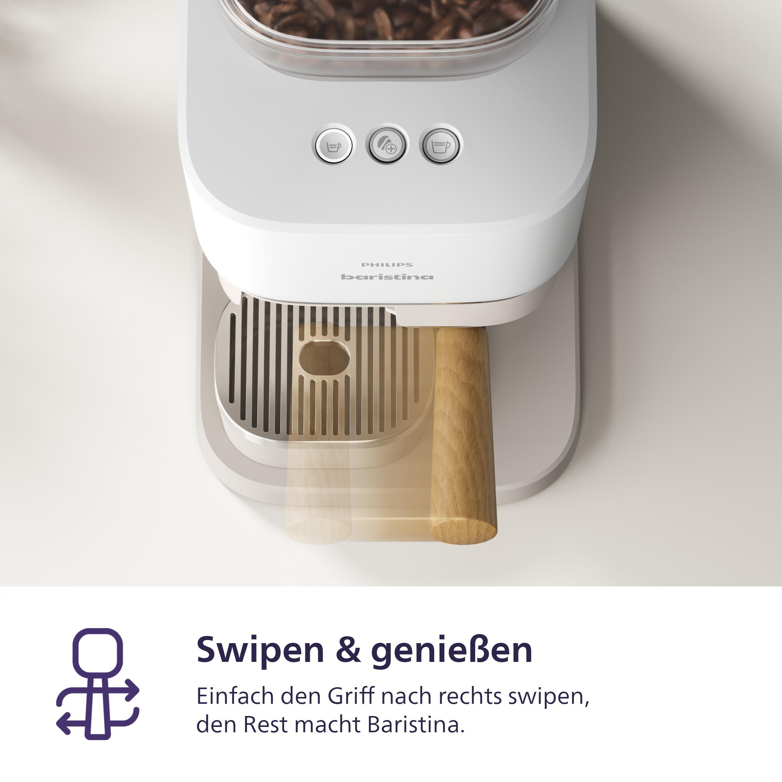 Weiße Kaffeemaschine mit Text 'Philips Baristina'. Gezeigt werden ein Holzgriff und Kaffeetablett.