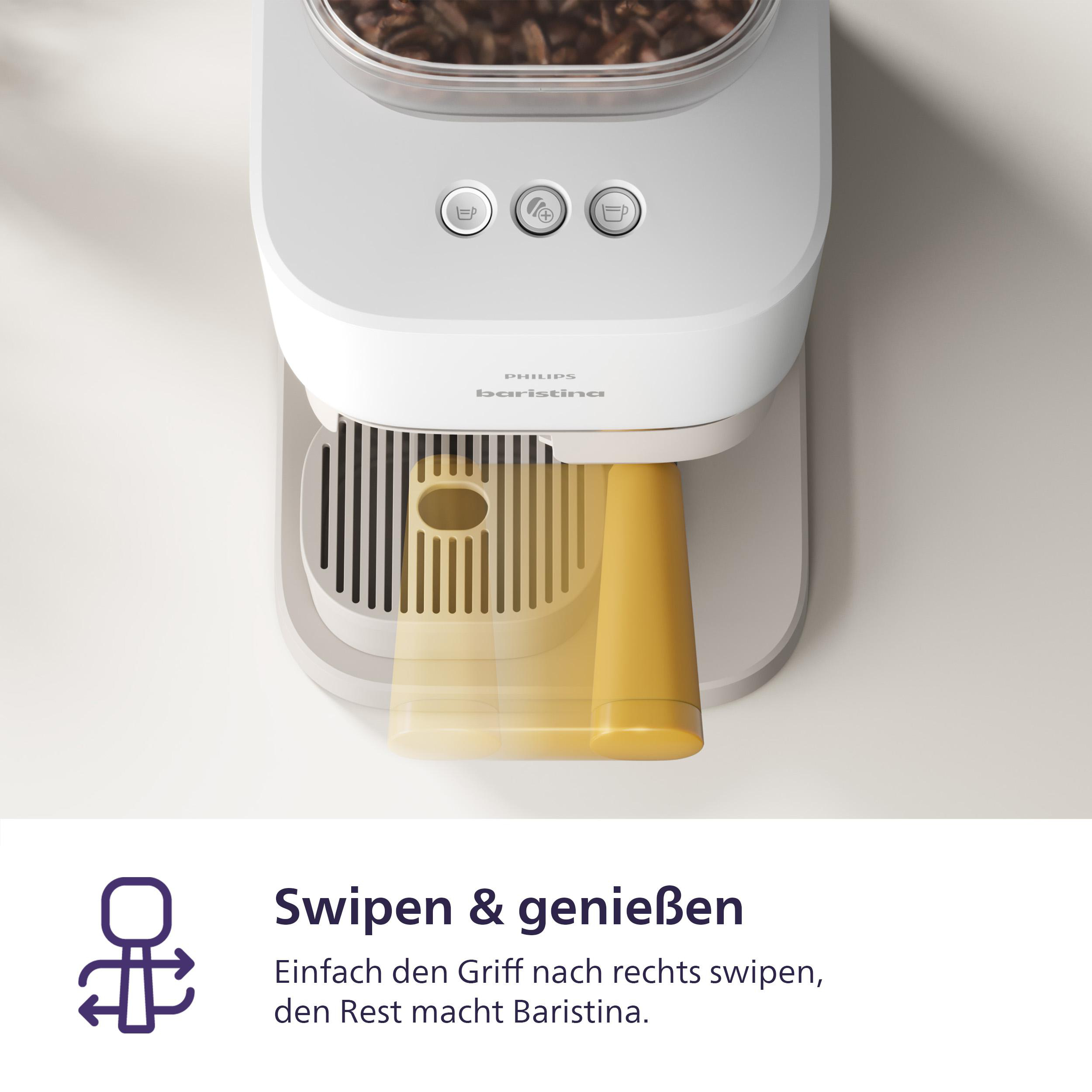 Eine weiß-graue Kaffeemaschine mit dem Text 'Swipen & genießen'.