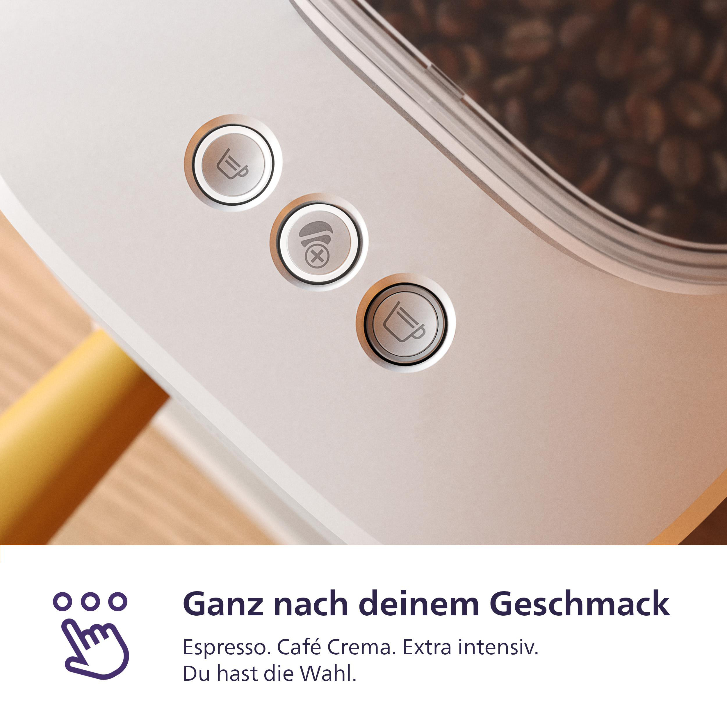 Nahaufnahme von Kaffeemaschinenknöpfen mit Kaffeebohnenbehälter im Hintergrund und Text 'Ihre Wahl'.