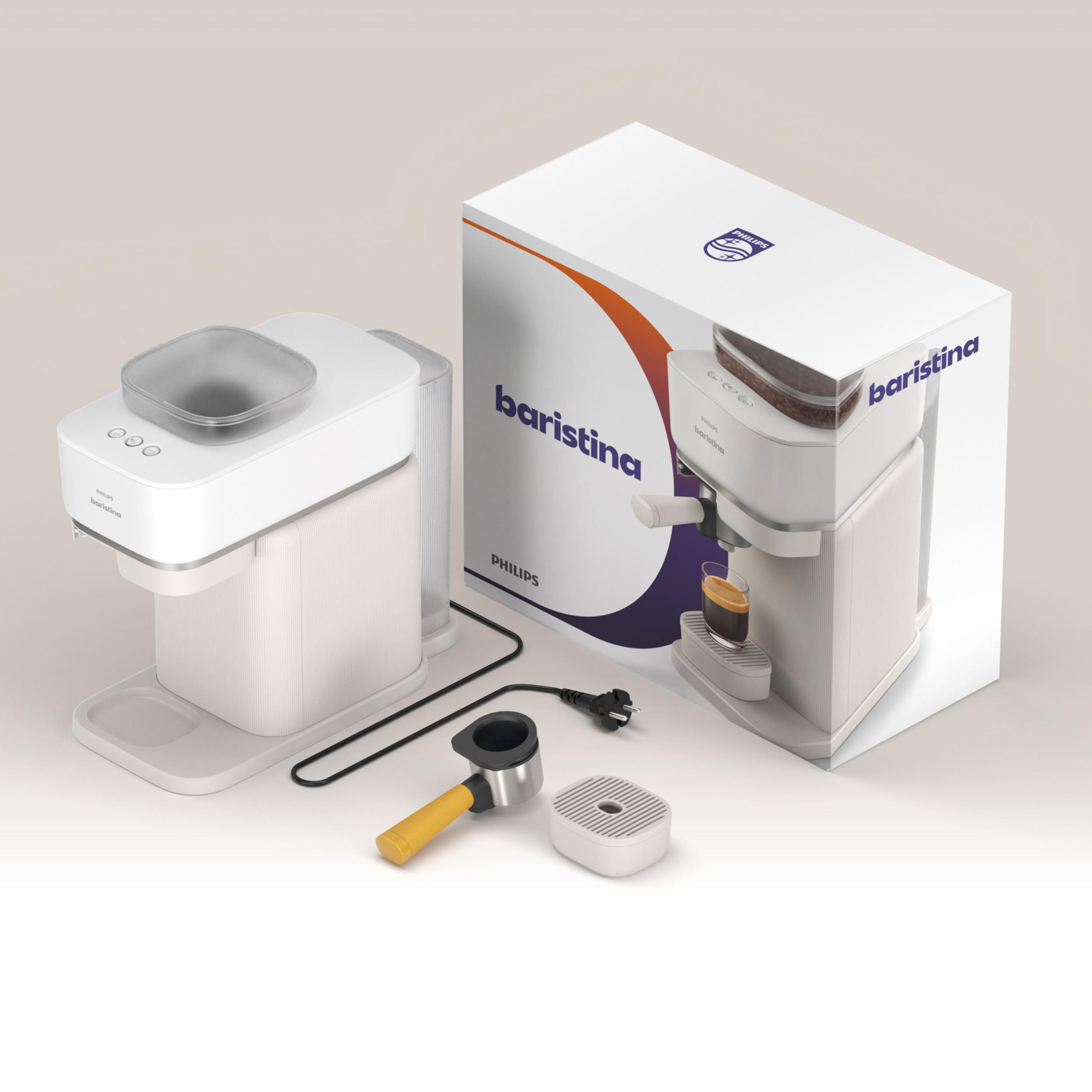 Weiße Espressomaschine mit Zubehör und Verpackung, die einen Espresso zeigt.