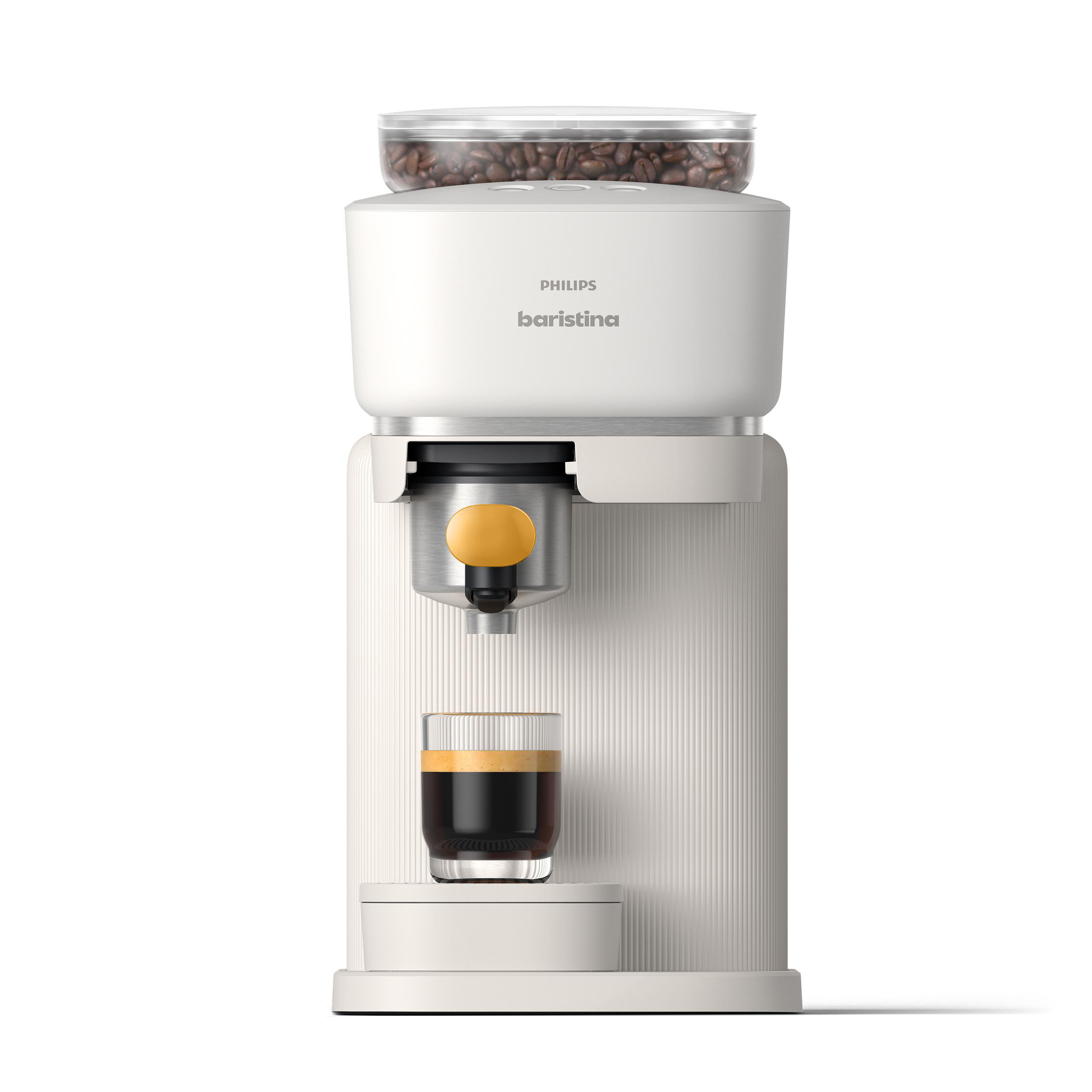 Eine weiße Kaffeemaschine mit Behälter und einem Glas Espresso.