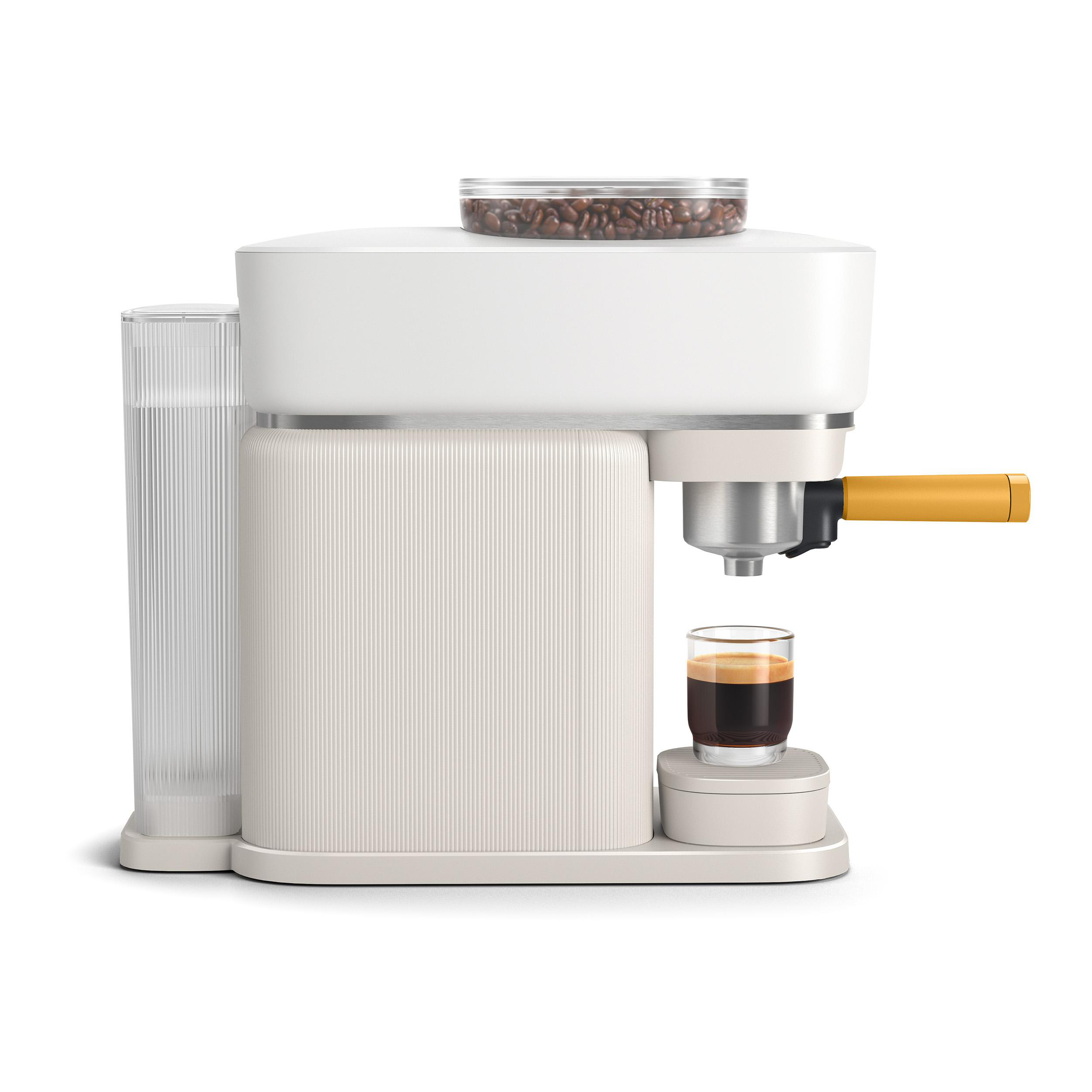 Eine moderne Kaffeemaschine mit Kaffeetasse und Bohnenbehälter.