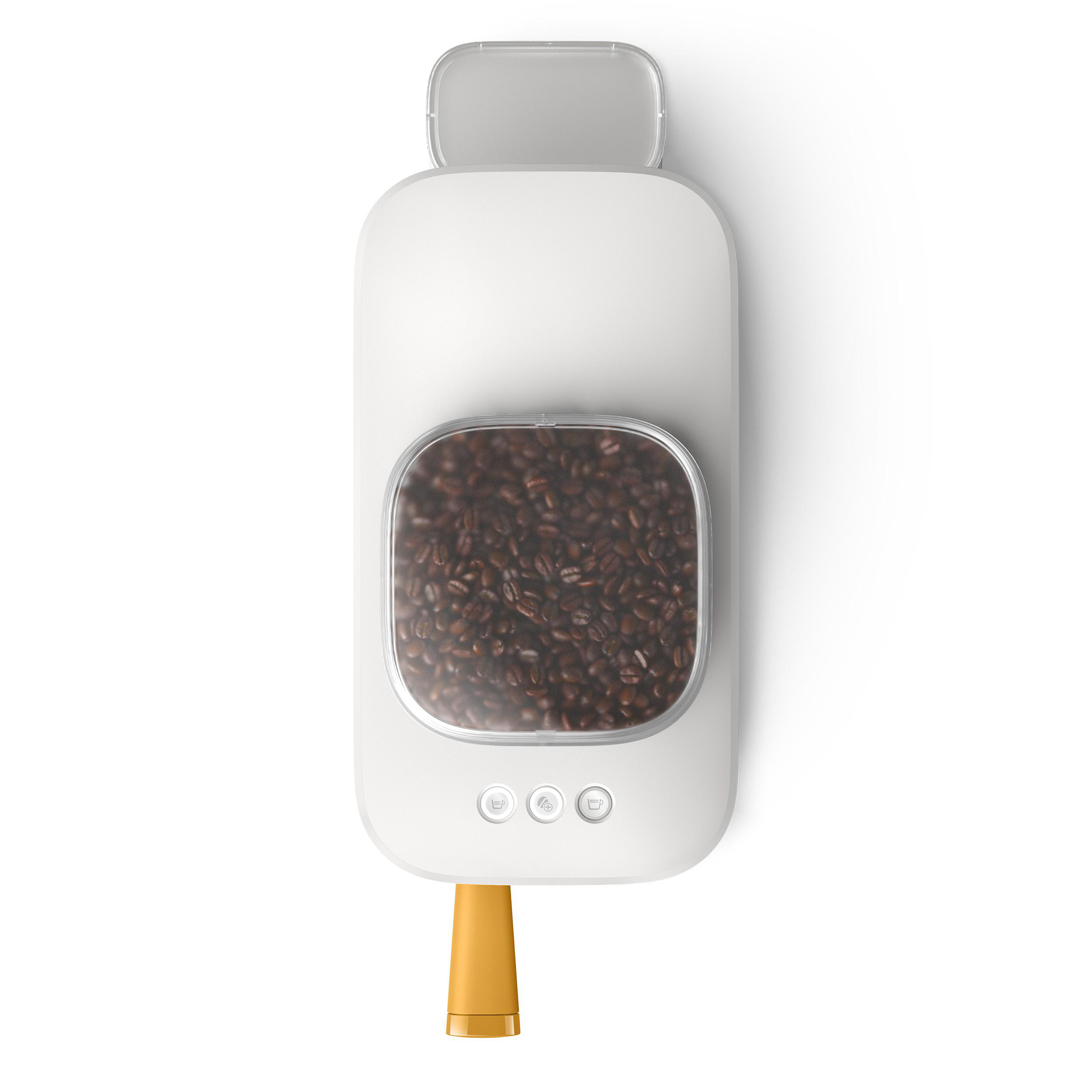 Draufsicht einer weißen Kaffeemaschine mit Kaffeebohnenbehälter und drei Knöpfen, schlichtes Design.