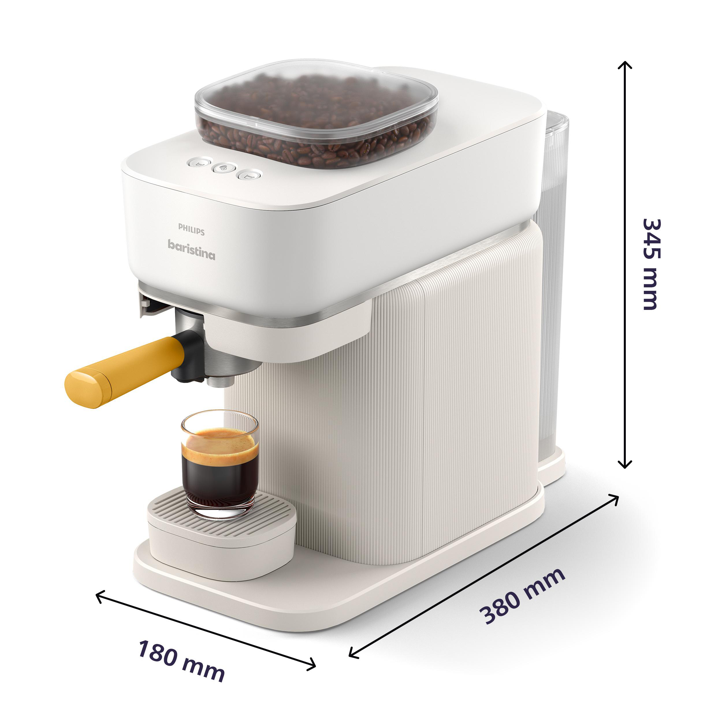 Eine weiße Kaffeemaschine mit gelbem Griff und einem Glas Espresso. Abmessungen werden angezeigt.