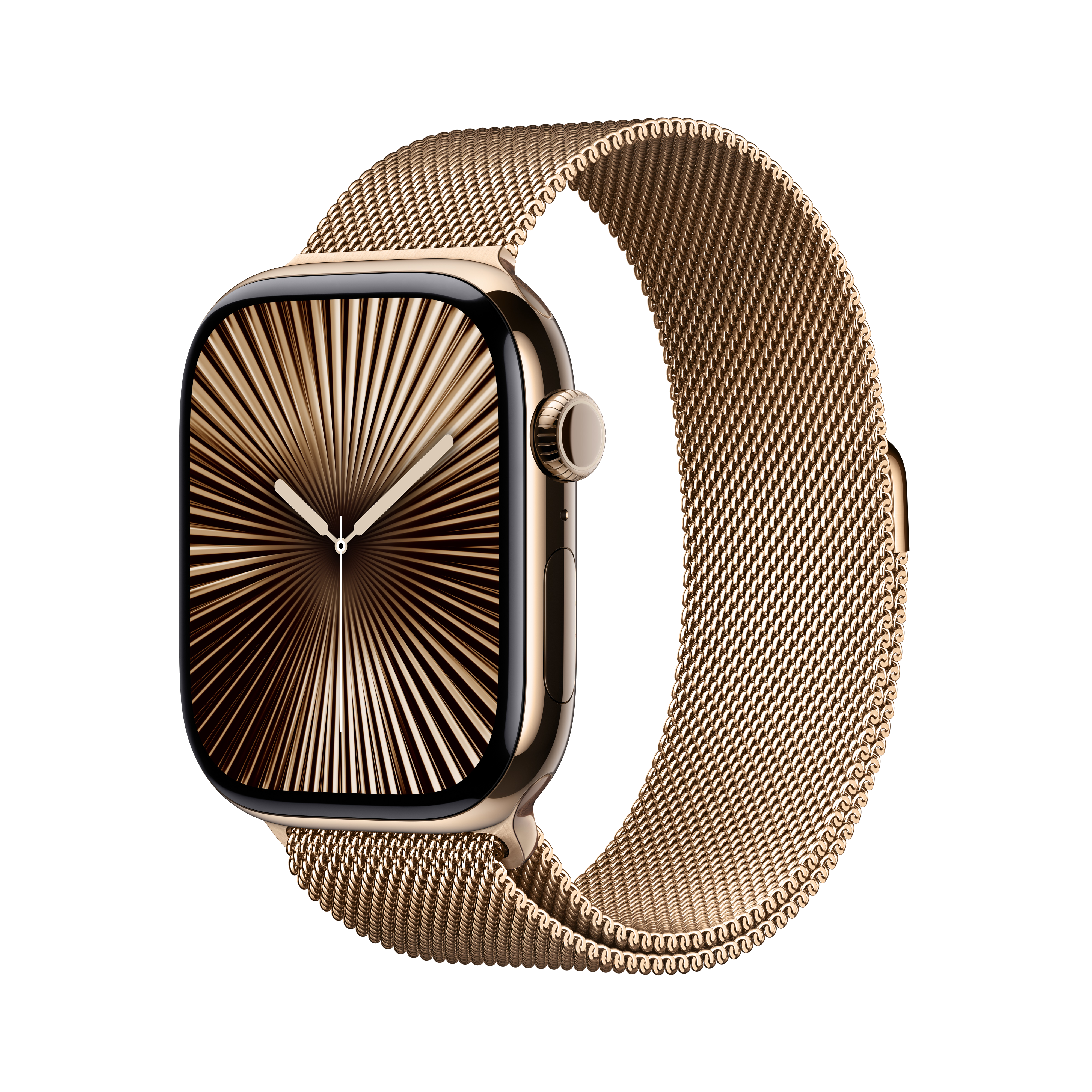 Altın örgü kayışlı altın Apple Watch. Ekran altın radyal bir tasarım sergiliyor.