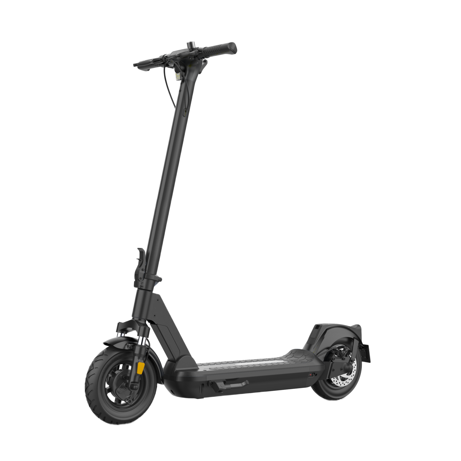 Trottinette électrique noire avec un guidon unique et une plateforme. Fond noir.