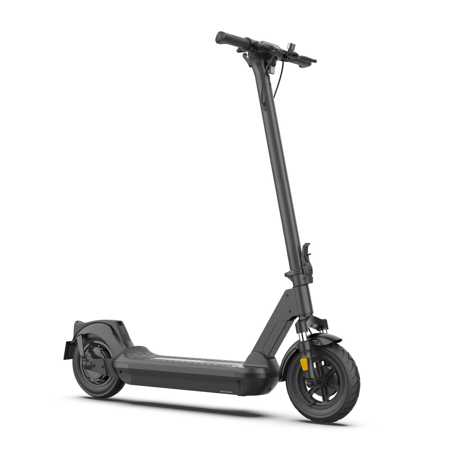 Trottinette électrique noire, sur fond blanc, avec guidon et roues noirs.