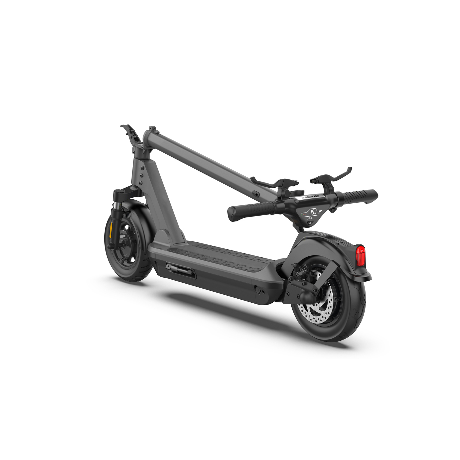 Une trottinette électrique grise, pliée. Elle est sur fond blanc, inclinée vers la droite.
