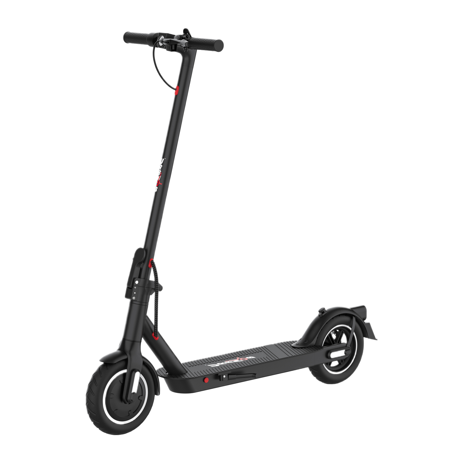 Une trottinette électrique noire avec des accents rouges. La trottinette est sur fond blanc, en angle pour la vue.