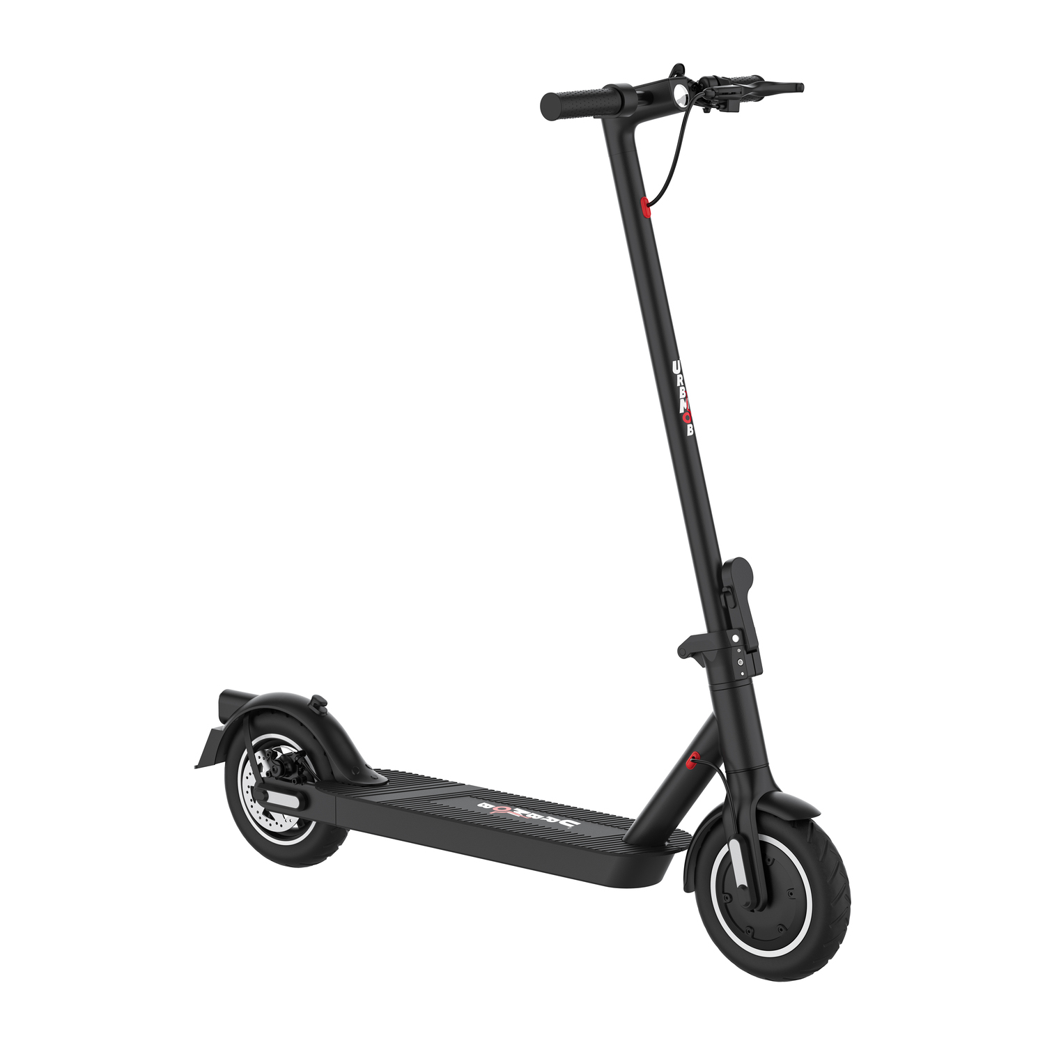 Trottinette électrique noire sur fond blanc.
