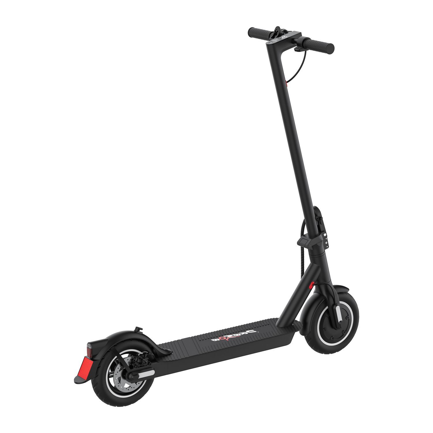 Trottinette électrique noire avec feu arrière rouge, sur fond blanc.