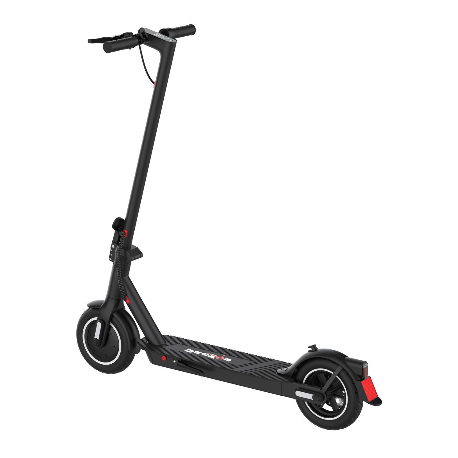 Une trottinette électrique noire avec des touches de rouge.