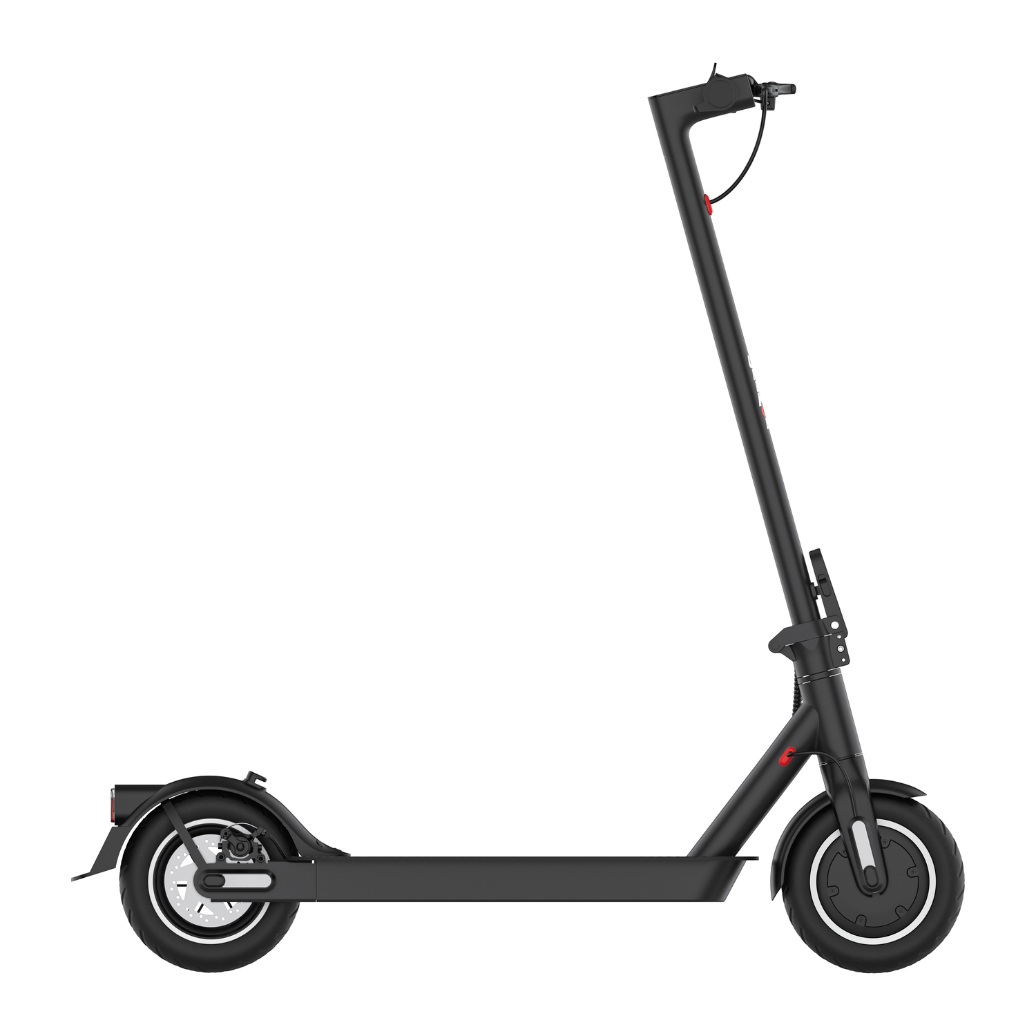 Trottinette électrique noire sur fond blanc. La trottinette est inclinée vers la gauche.