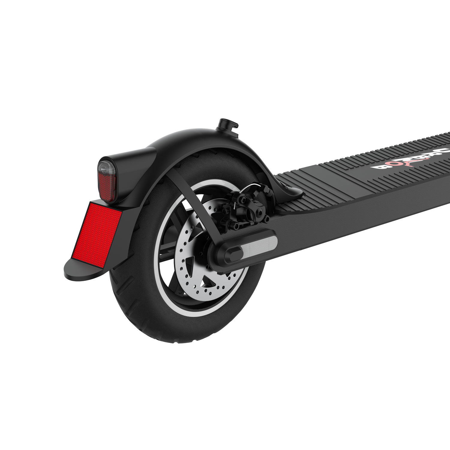 Vue arrière d'une trottinette électrique noire. Réflecteur rouge, roue noire et garde-boue noir visibles.