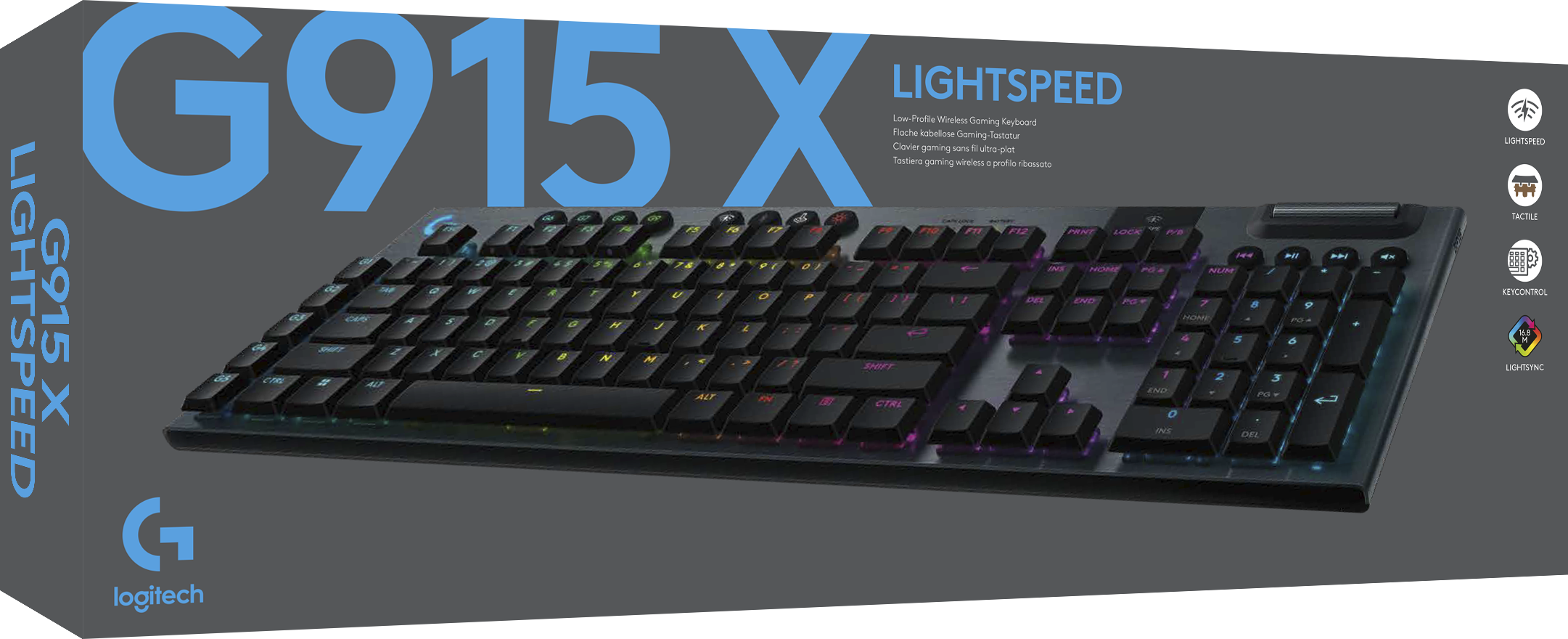 Logitech G915 X Lightspeed billentyűzet dobozban, RGB világítással.