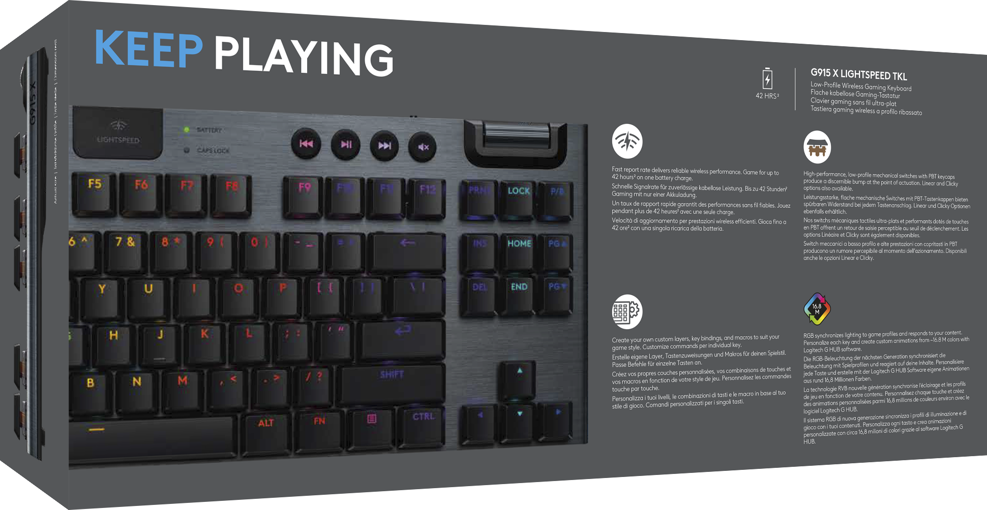 Gaming billentyűzet színes gombokkal, fekete-szürke kerettel.