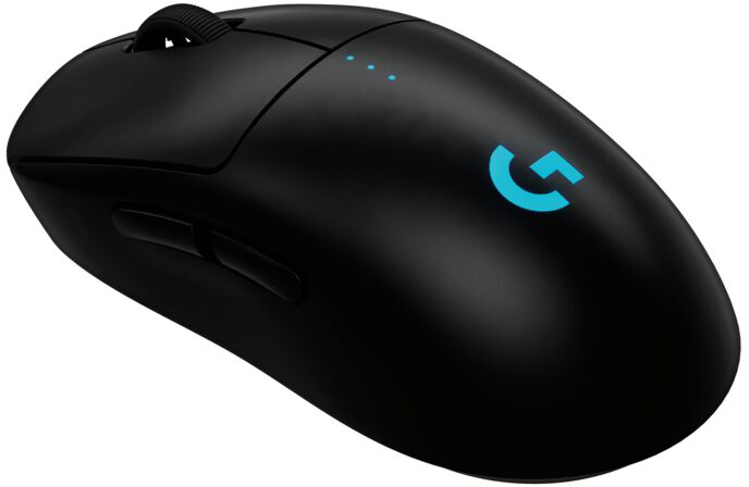 Fekete gamer egér kék logóval és három kis kék fénnyel.