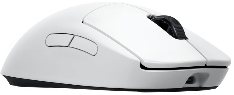 Egy fehér vezeték nélküli gamer egér fekete részletekkel. Két oldalsó gomb és egy görgő található rajta.