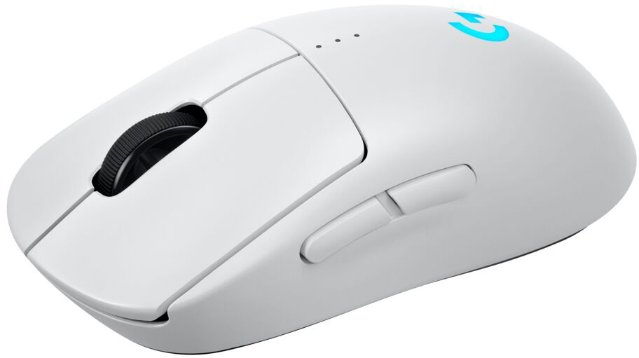 Fehér vezeték nélküli gamer egér fekete görgővel és oldalsó gombokkal.