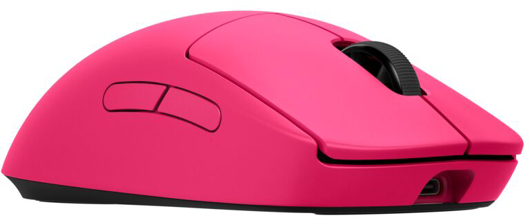 Rózsaszín vezeték nélküli gaming egér. Oldalsó gombokkal és fekete görgetőkerékkel.
