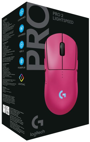 Rózsaszín Logitech PRO 2 Lightspeed egér. Fekete doboz.