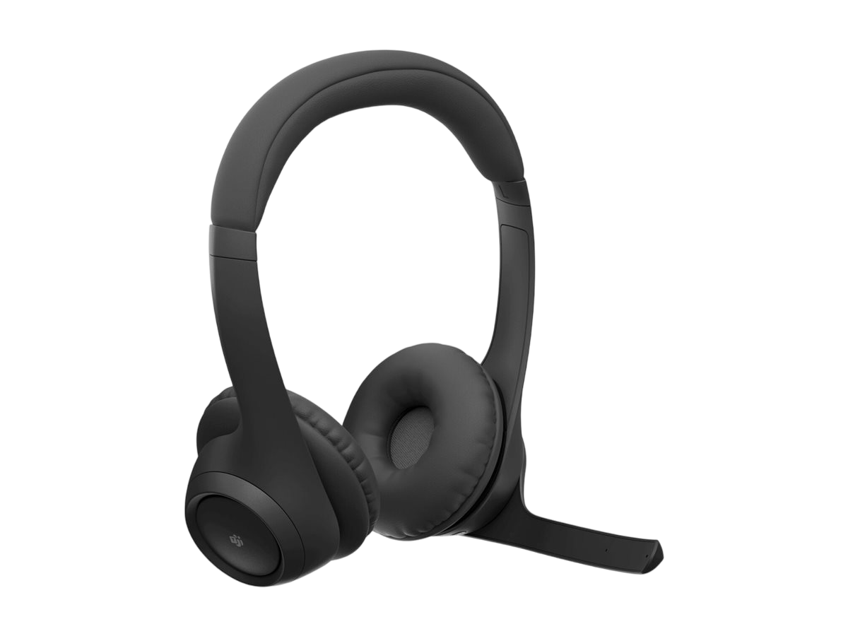 Schwarzes Headset auf schwarzem Hintergrund, leicht angewinkelt. Das Headset ist fokussiert.