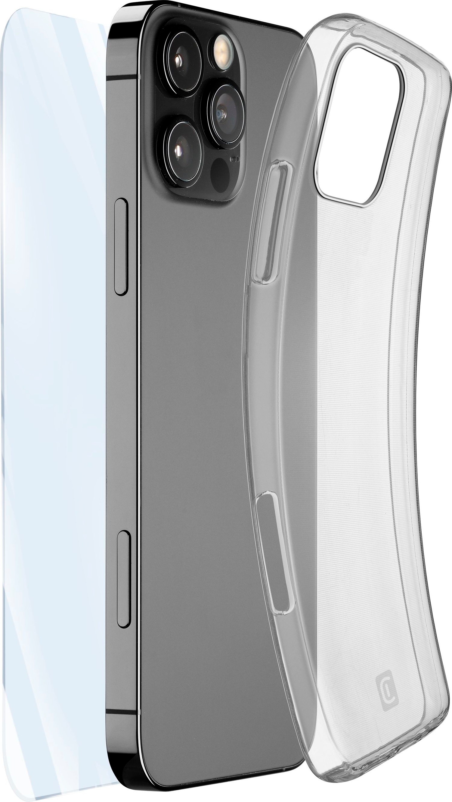 iPhone mit klarer Hülle und Displayschutz. Das Telefon ist grau, die Hülle transparent.