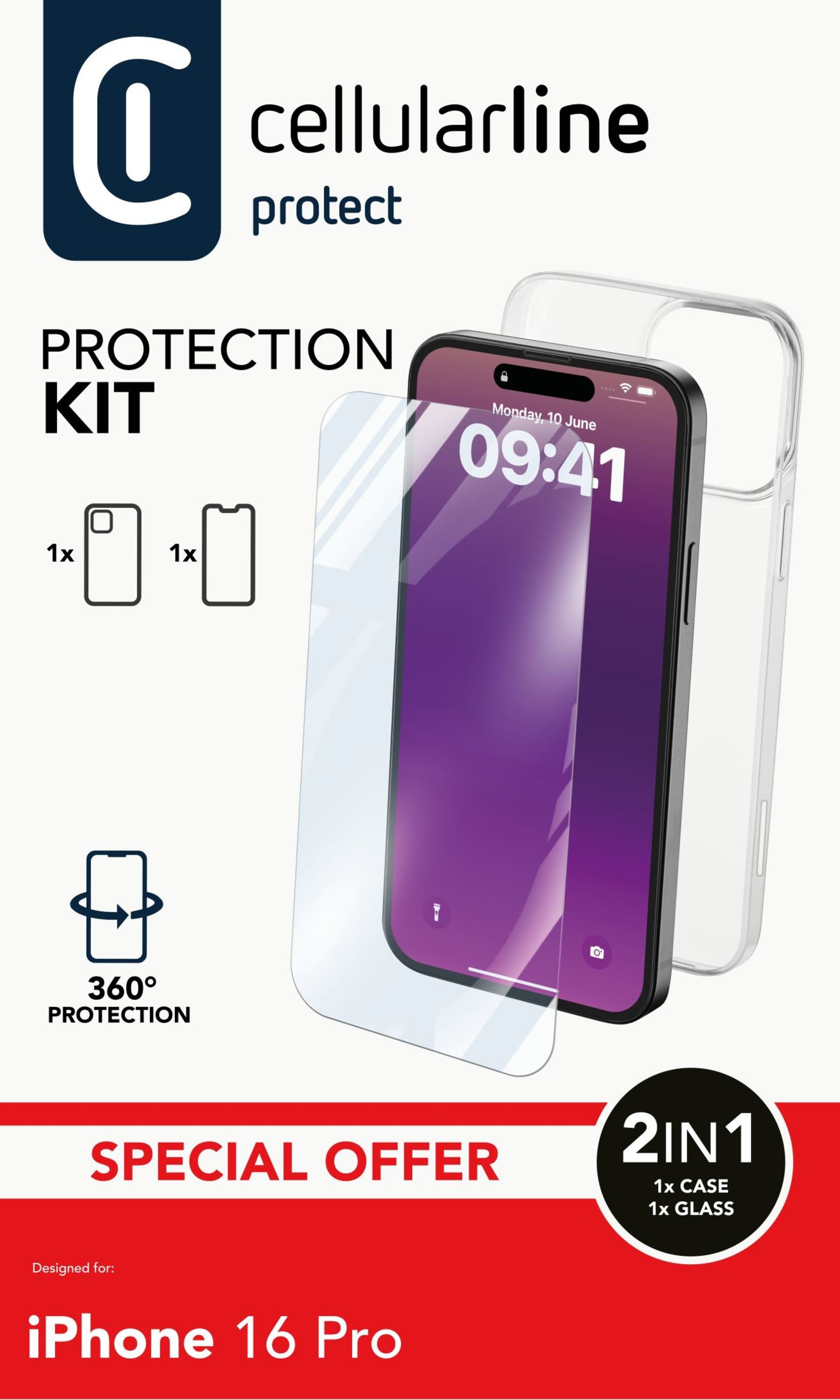 iPhone 16 Pro mit Schutzkit, Displayschutzfolie und Hülle.