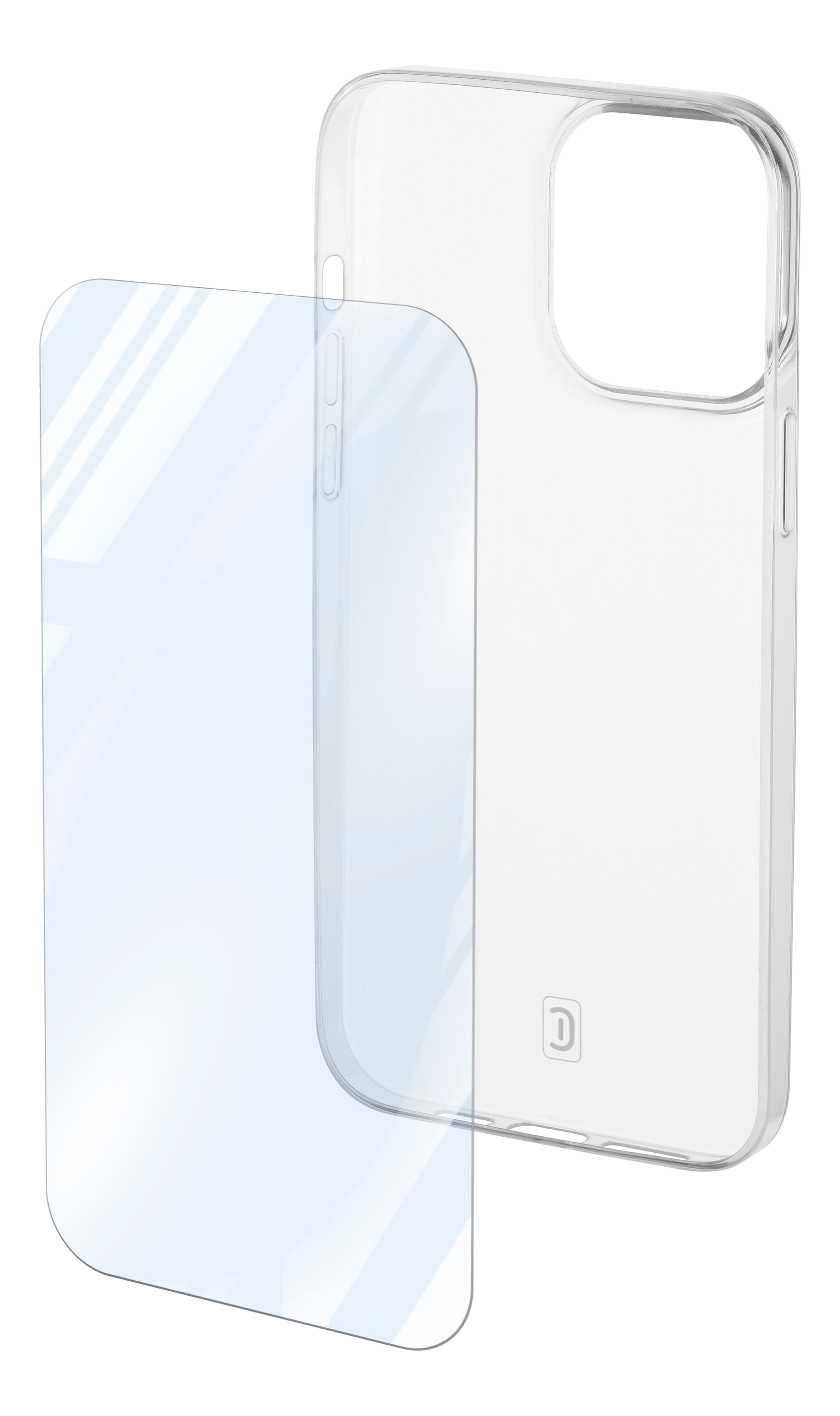 Eine transparente Handyhülle neben einem Displayschutz. Die Handyhülle ist transparent und der Displayschutz ist blau.