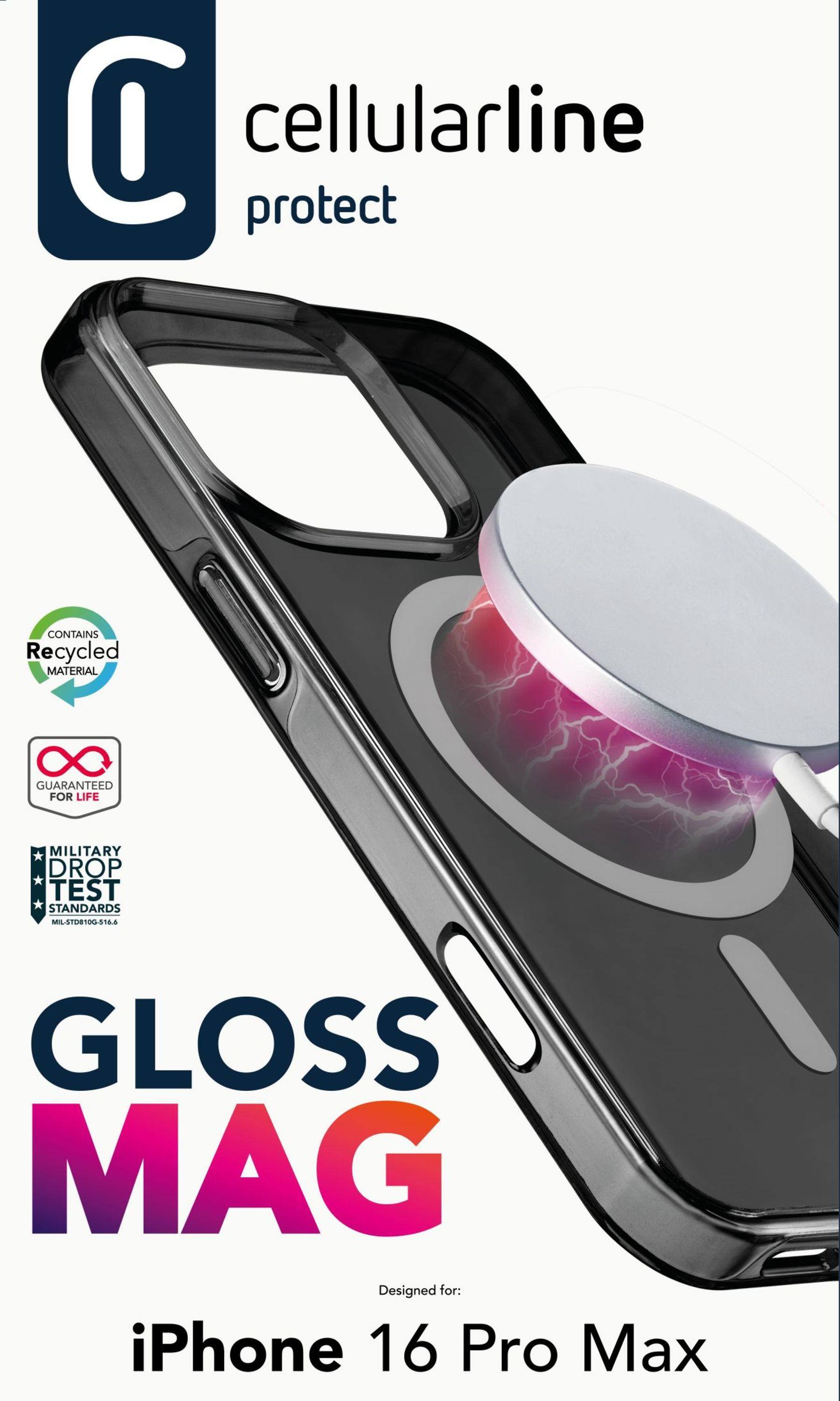 Coque de téléphone avec cadre noir et cercle magnétique argenté au dos.